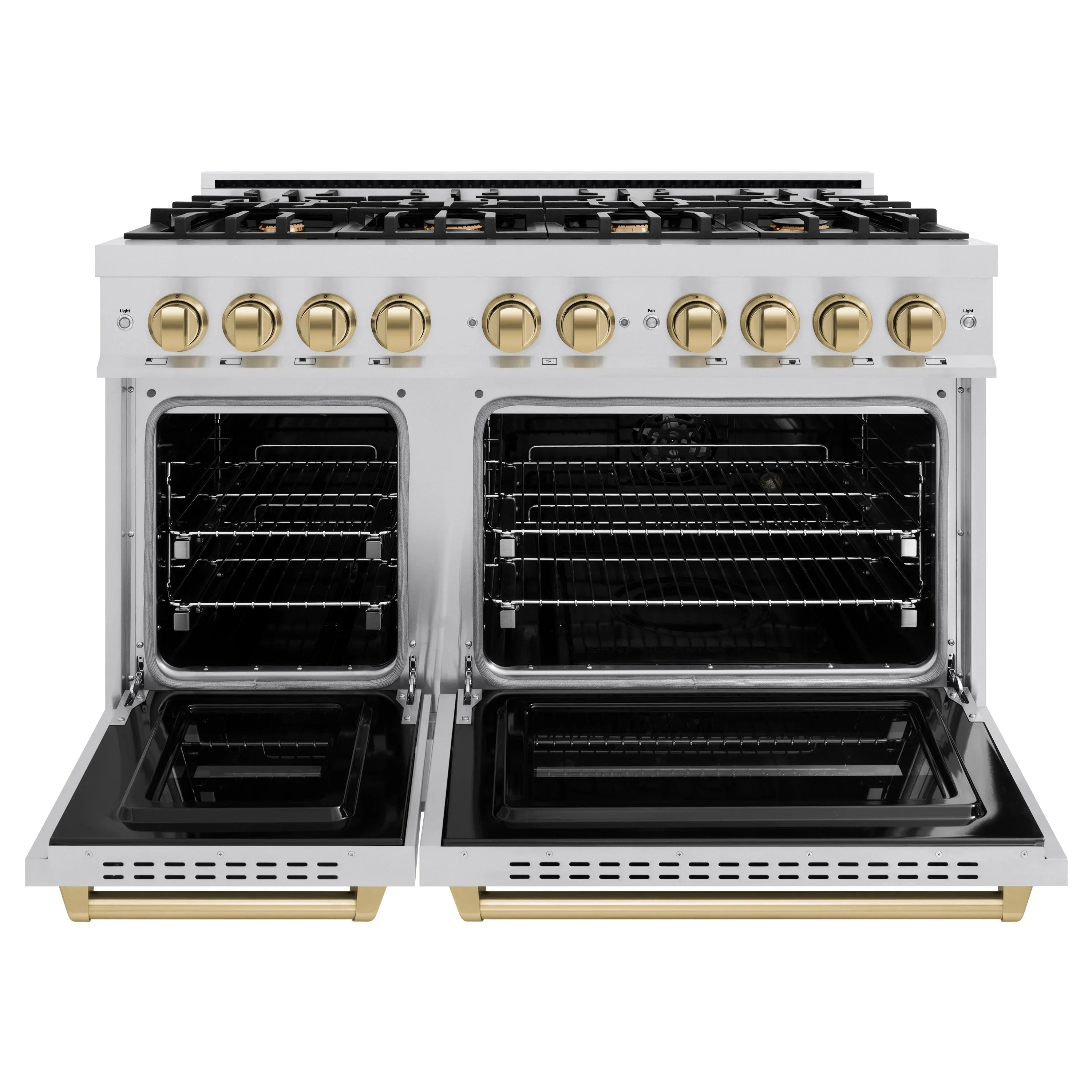 Stainless dual fuel range with both ovens open, showing black interiors and racks