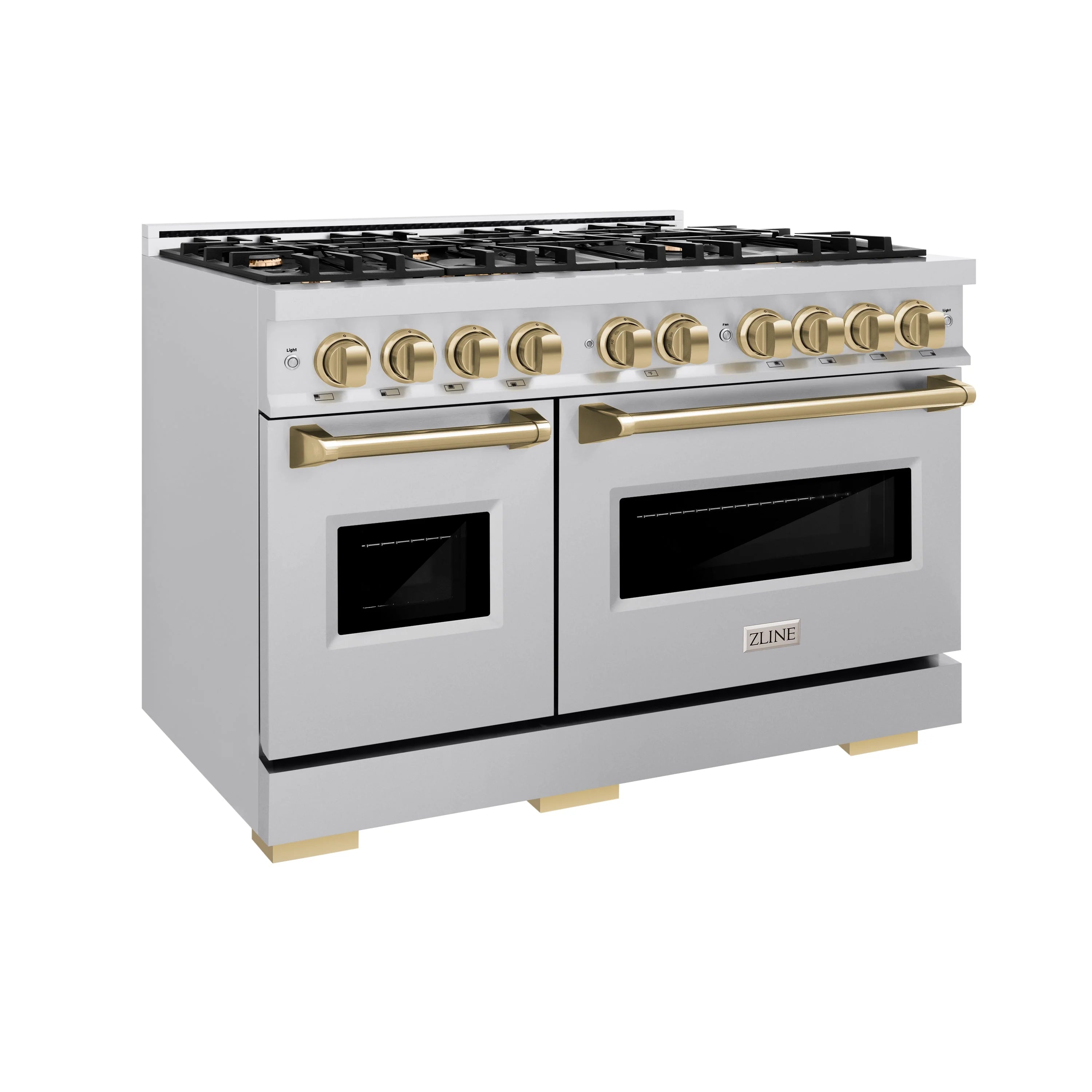 Stainless steel range front with champagne bronze knobs, handles, and dual oven doors