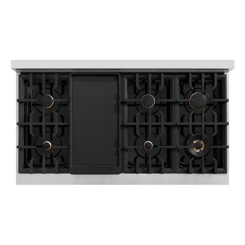 ZLINE 4-Piece Appliance Package - 48-Inch Dual Fuel Range, Hood, Refrigerator with Water Dispenser, and Dishwasher in Stainless Steel with Champagne Bronze Accents