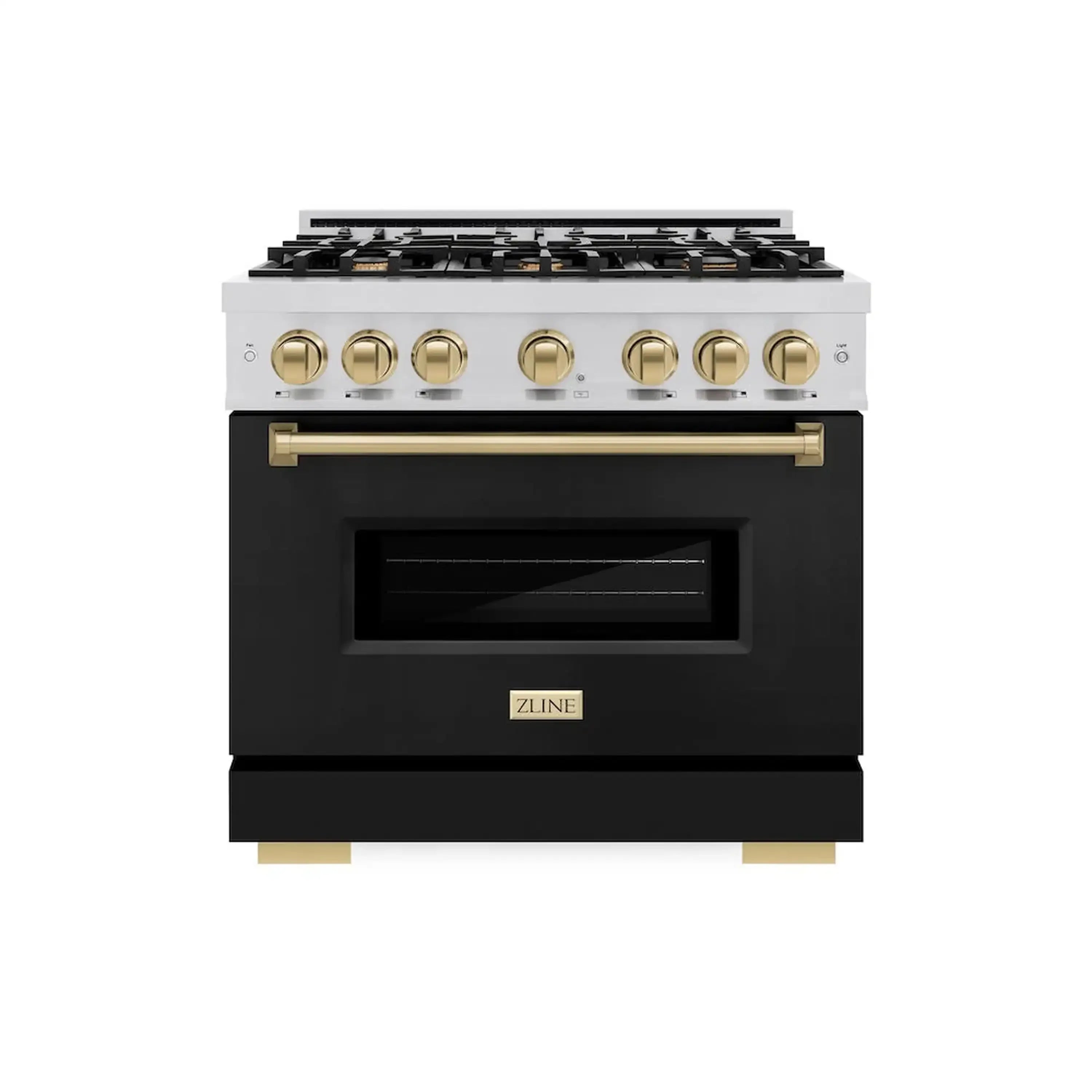 Dual fuel range with black matte oven door and champagne bronze control knobs