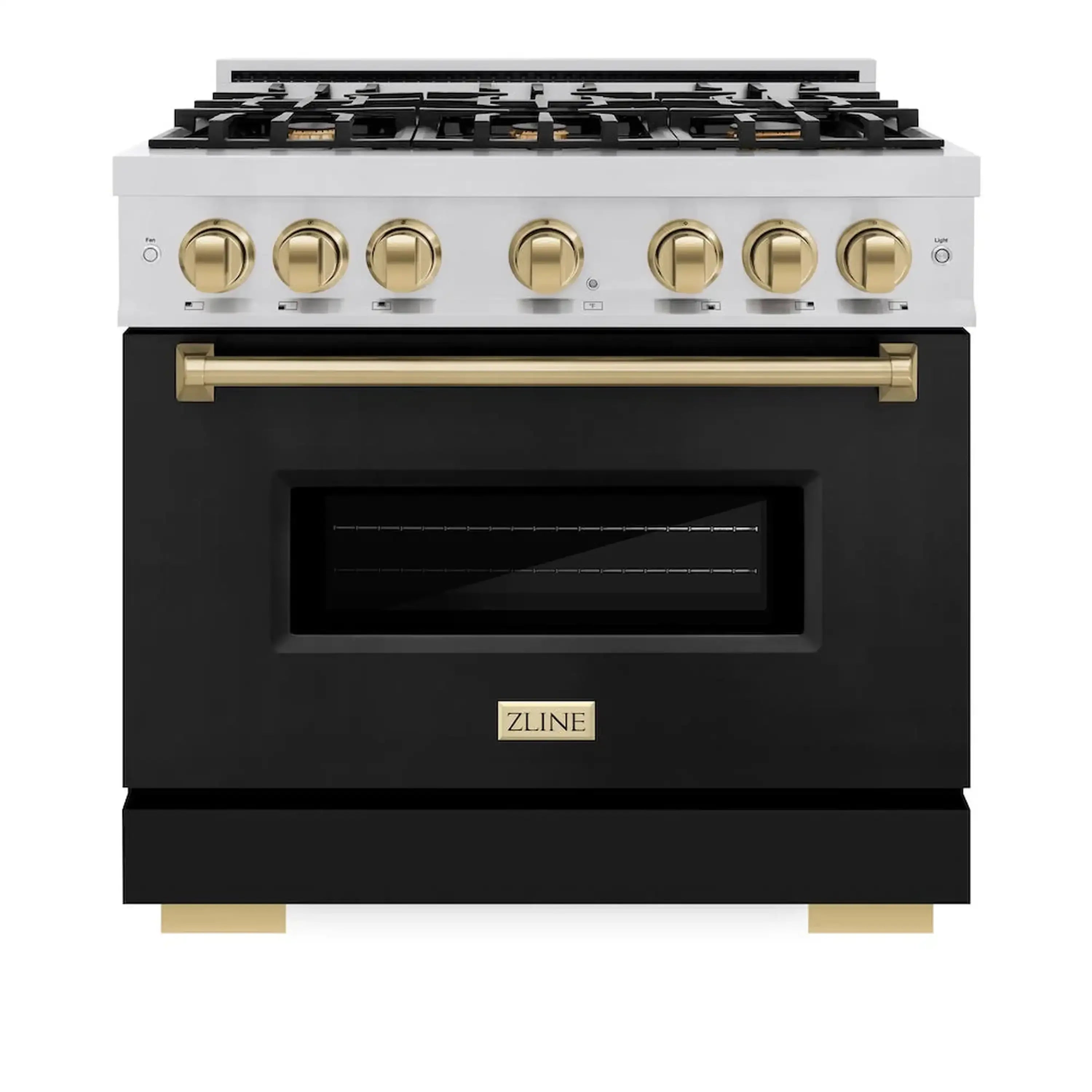 Dual fuel range with matte black oven door, gold handle bar, and stainless control knobs