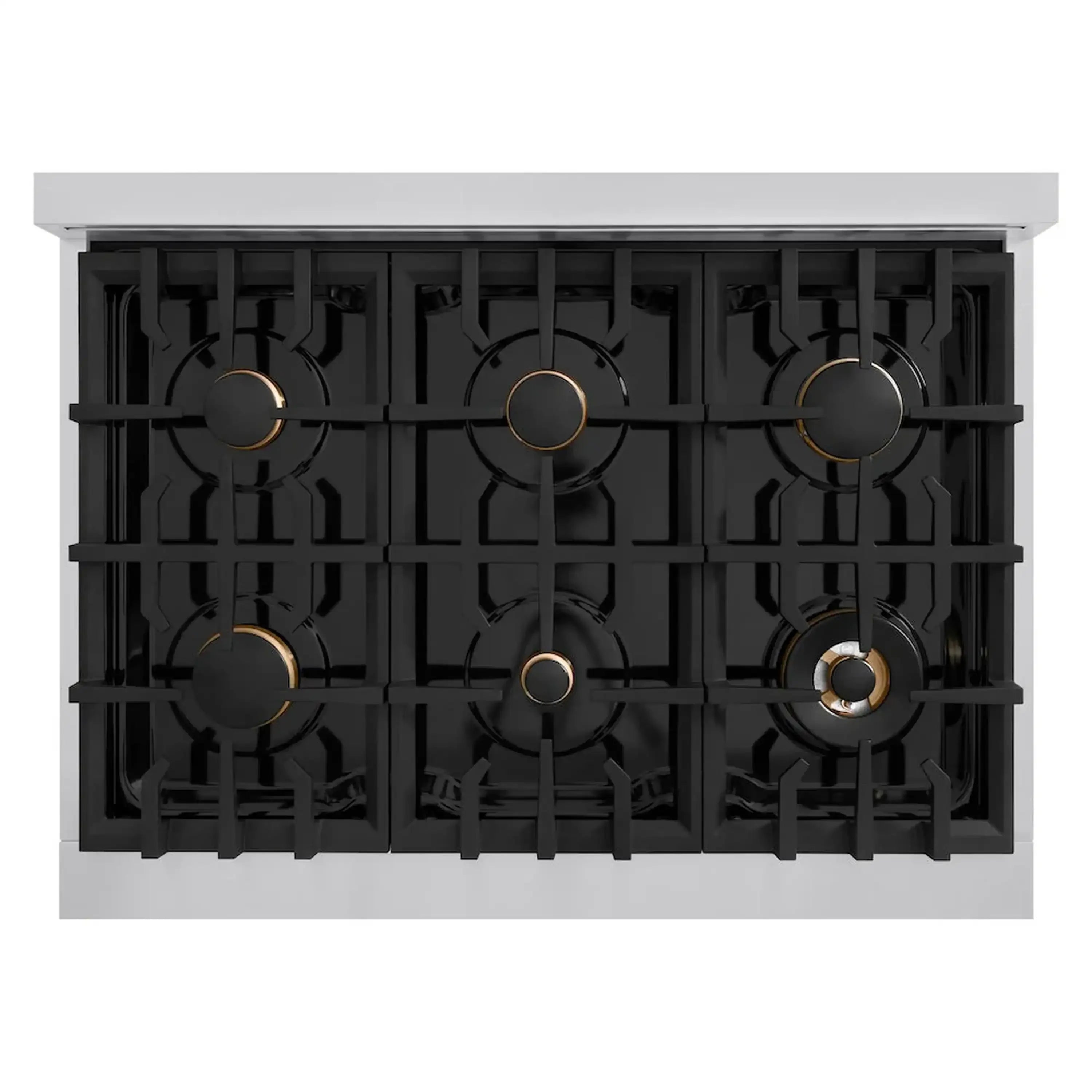 Black gas cooktop with six burner heads and gold-accented control knobs