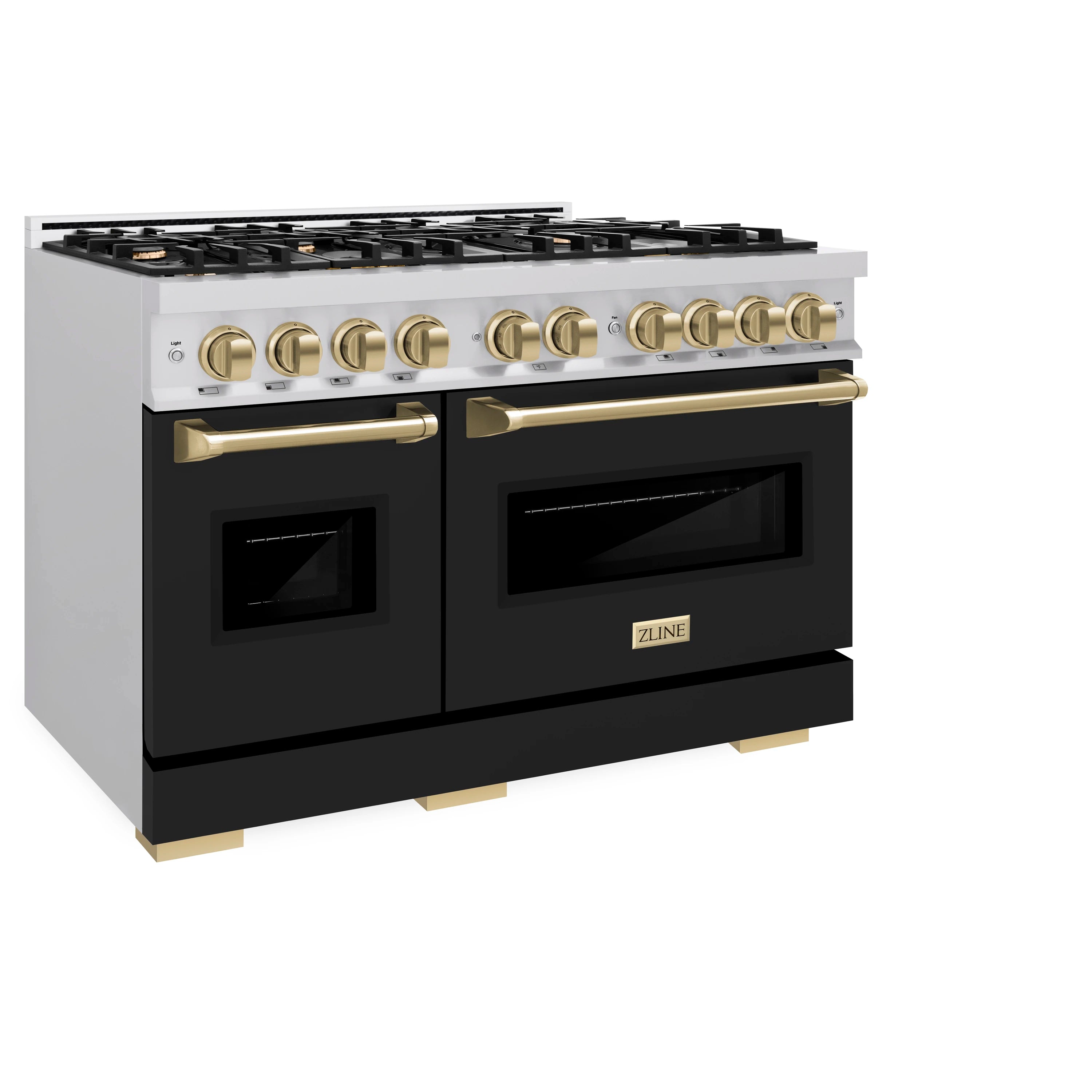 3/4 front view of stainless dual fuel range with black matte doors and bronze trim