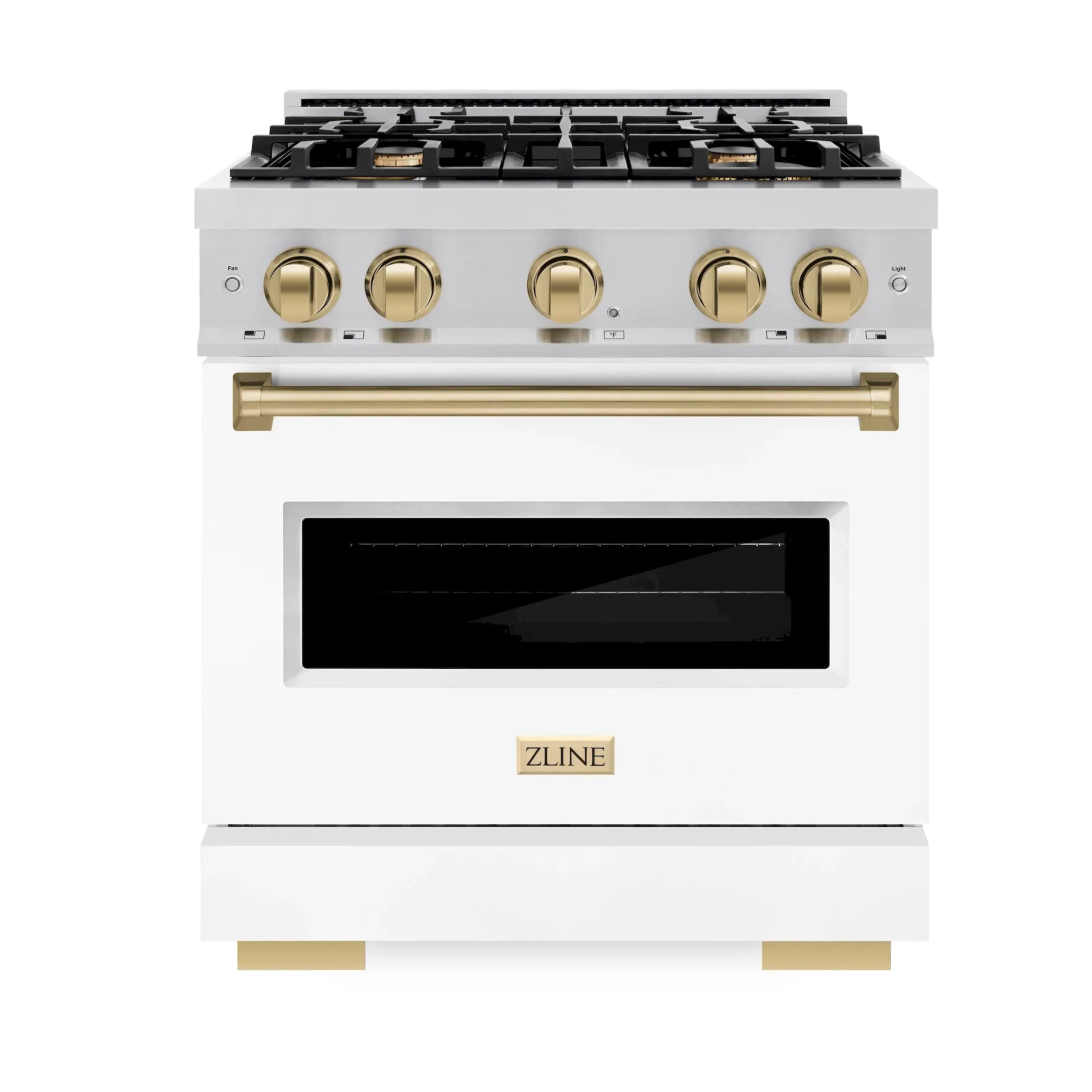Stainless steel dual fuel range front with gold knobs, long handle, and black door window