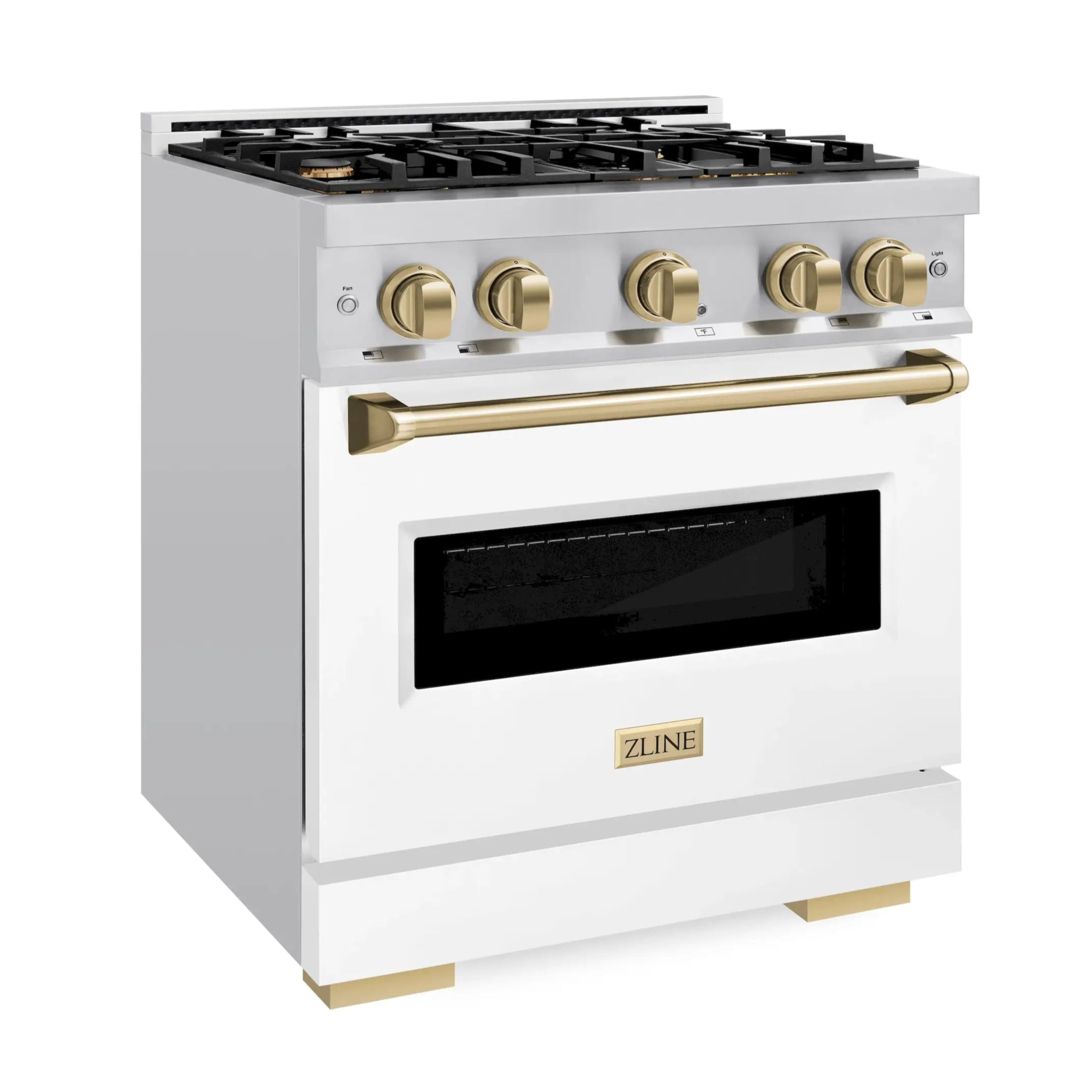 Stainless steel dual fuel range with black oven window, gold control knobs, and long handle