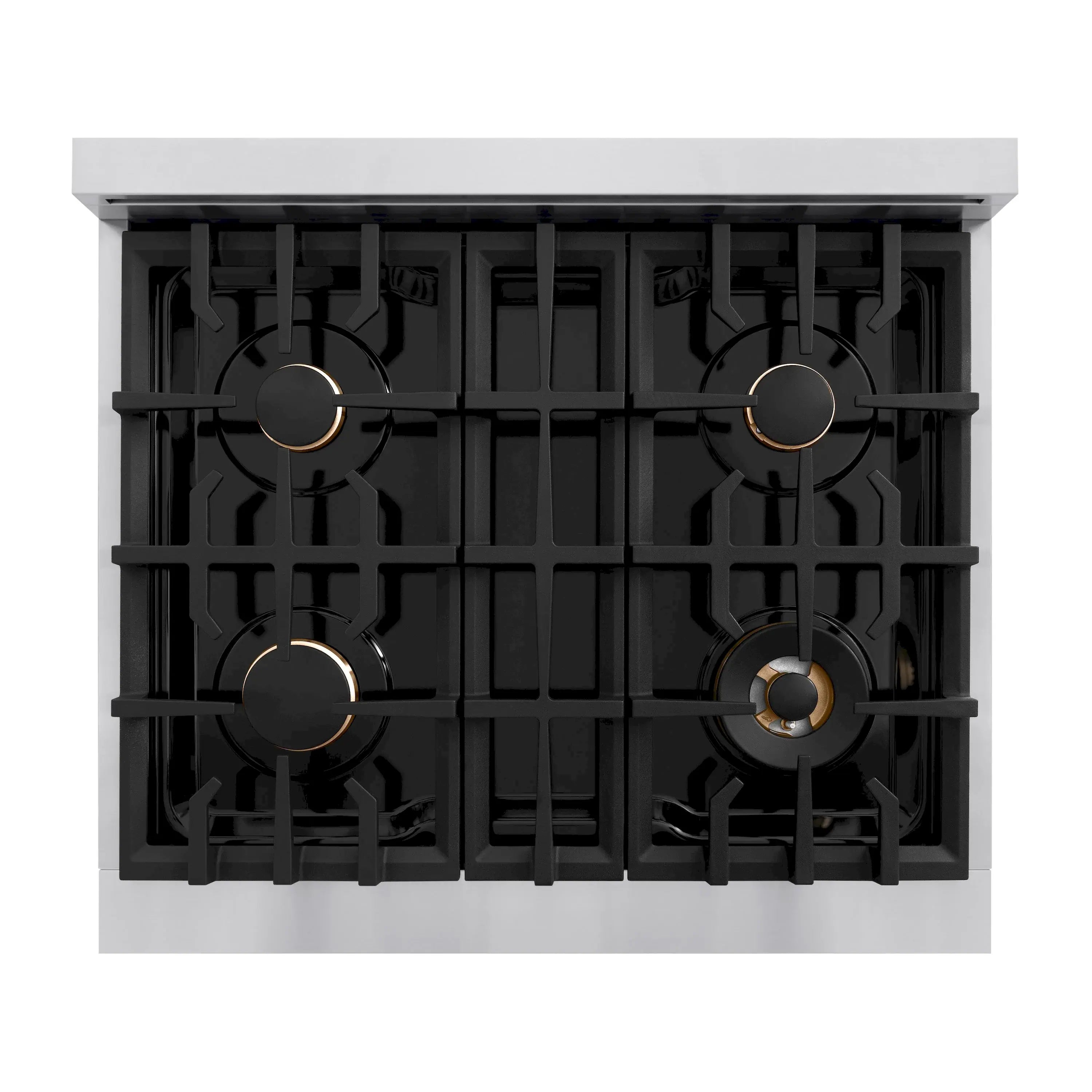 Built-in gas cooktop with four black grates and gold-trim control knobs