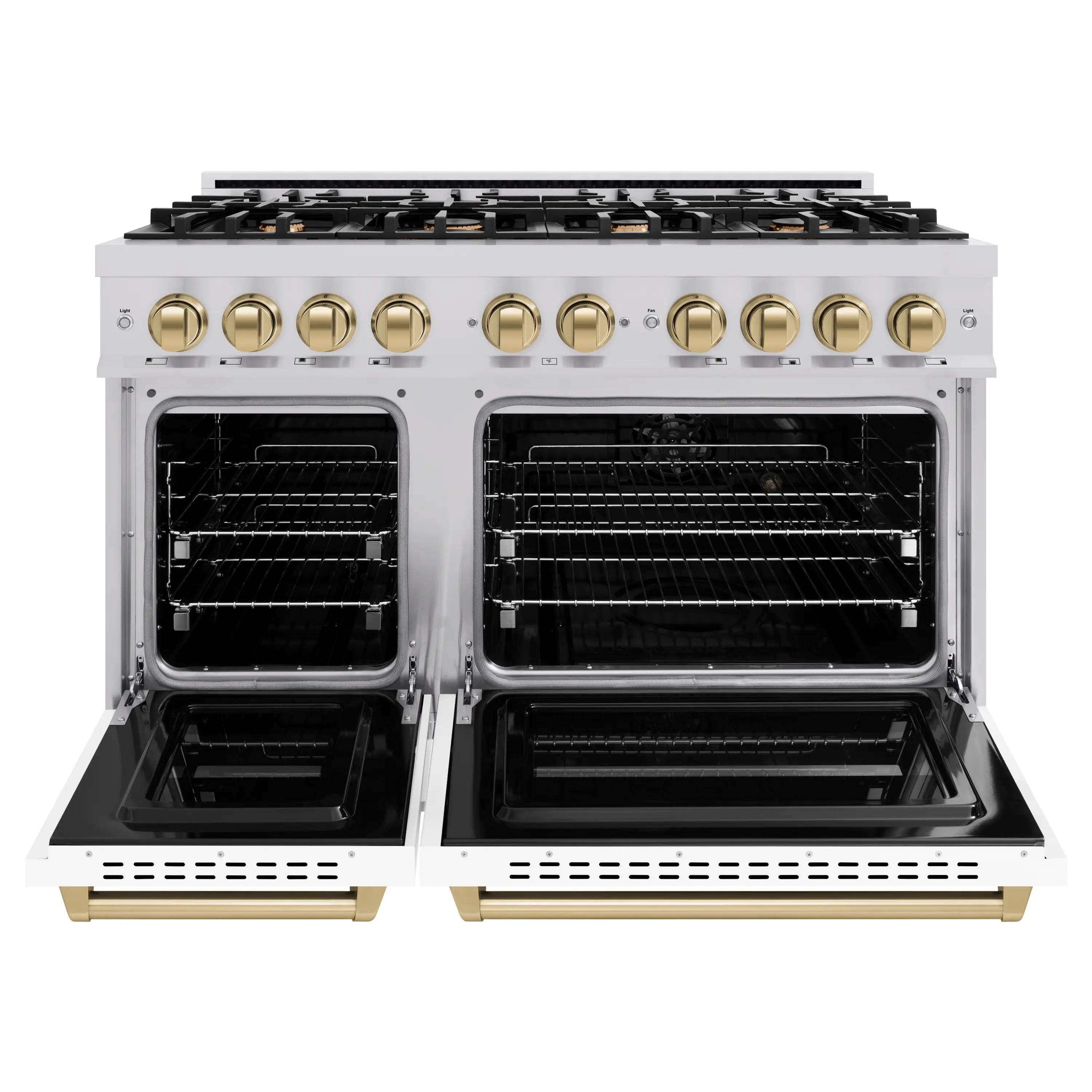 Dual fuel range with two open oven doors and four-burner gas grates on top