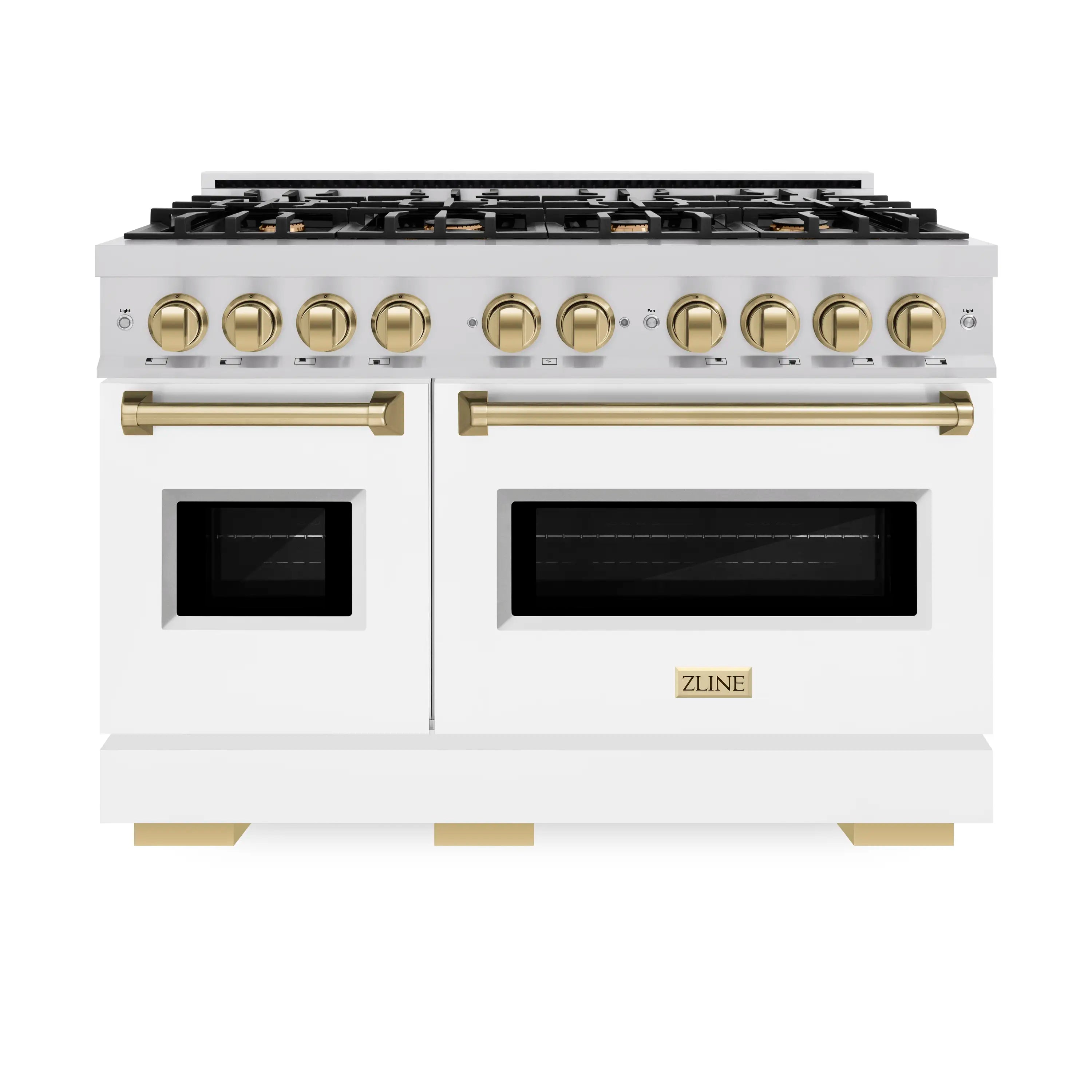 Stainless steel dual fuel range with white doors, champagne bronze knobs and handles