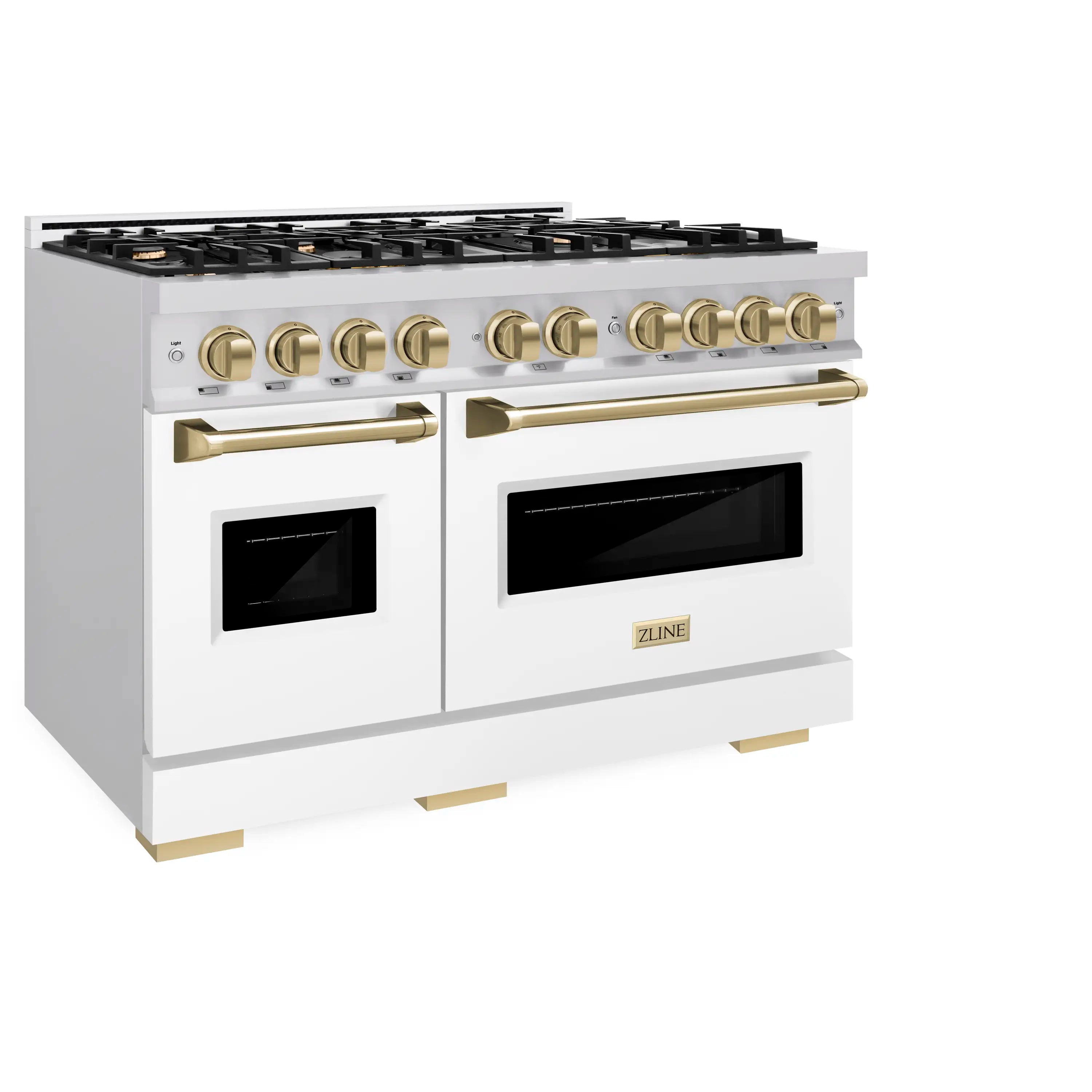 Stainless steel dual fuel range with white matte doors, bronze bar handles, and knobs