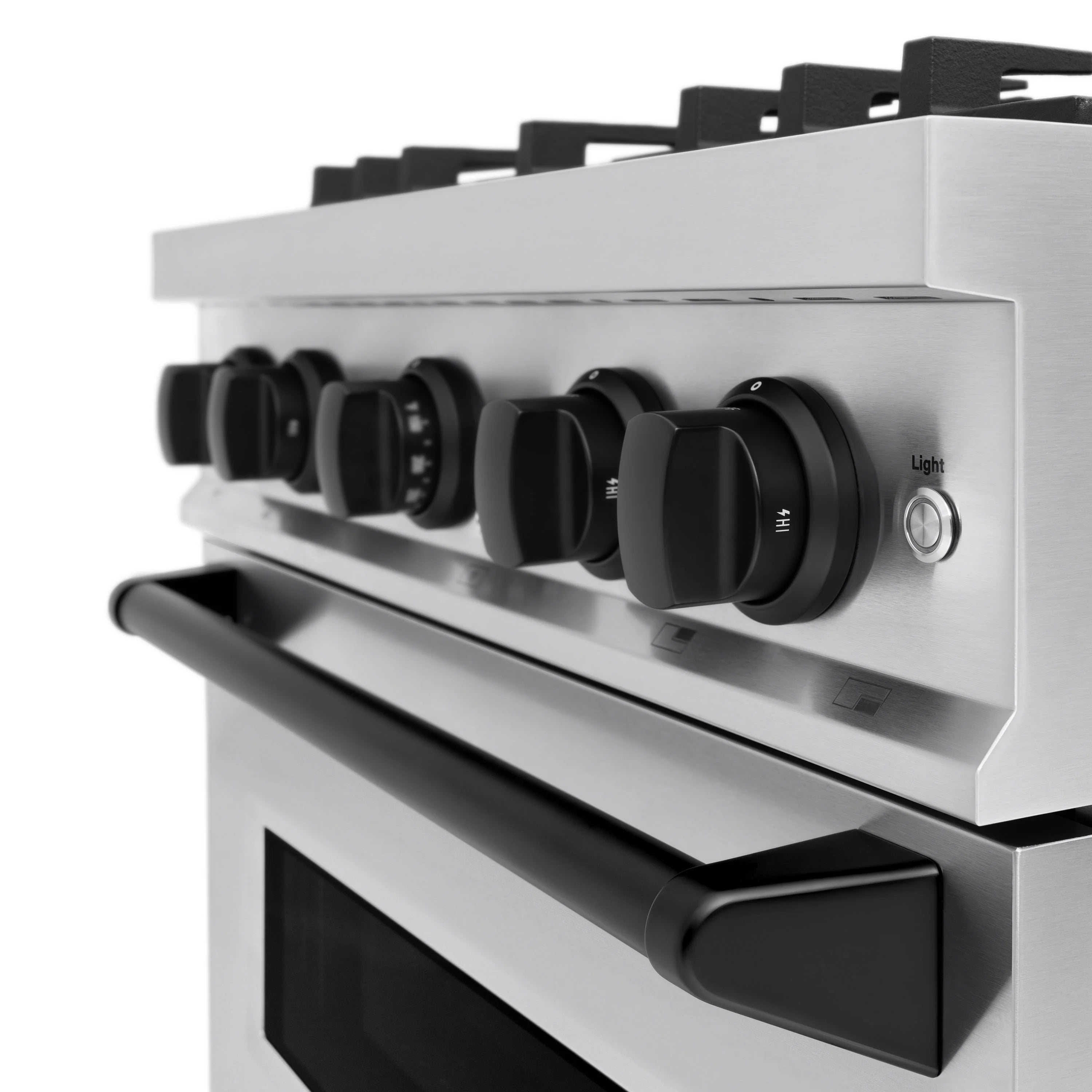 Stainless steel control panel with black burner knobs and light setting switch
