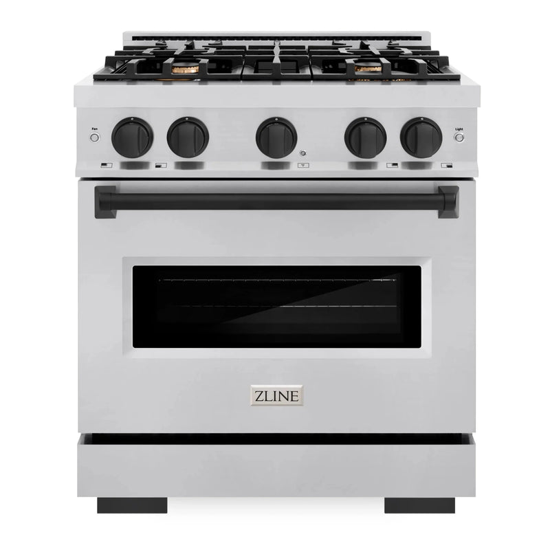 ZLINE 4-Piece Appliance Package - 30-Inch Dual Fuel Range, Hood, Refrigerator with Water Dispenser, and Dishwasher in Stainless Steel with Matte Black Accents