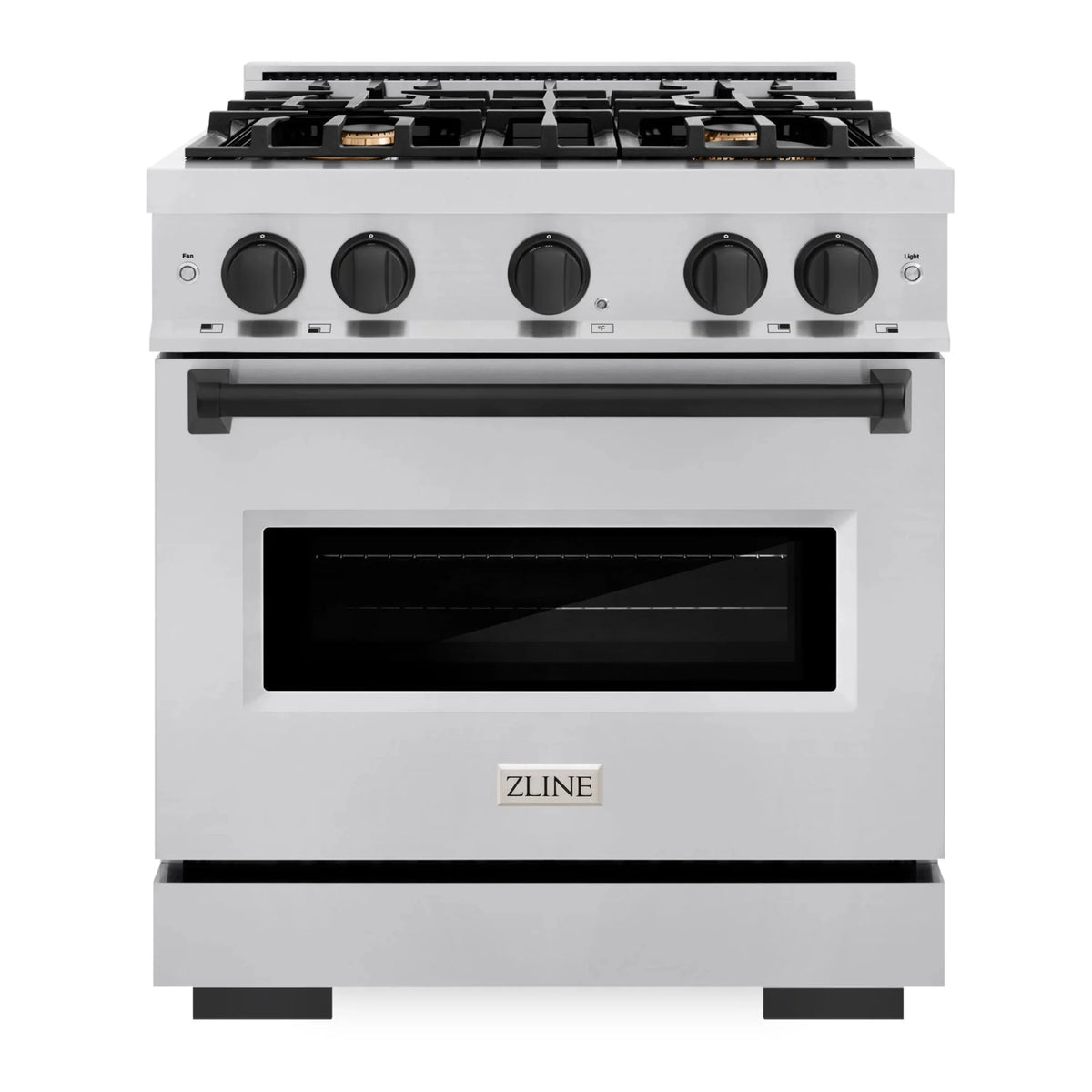 Stainless steel range with black oven door and five cooktop control knobs