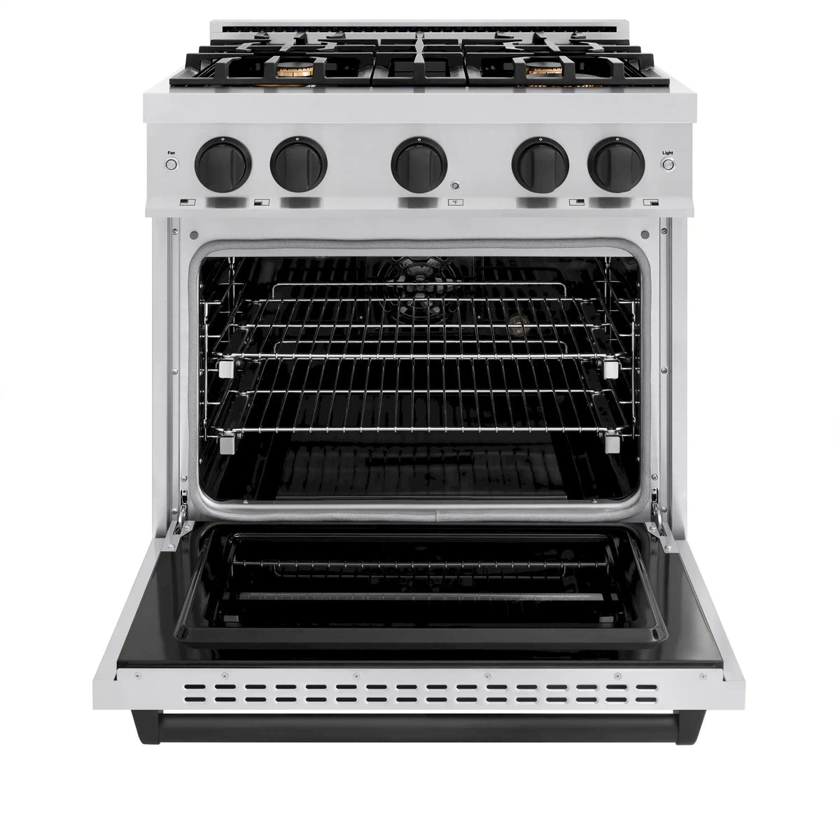 Stainless steel dual fuel range with oven door open and wire racks inside