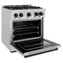 ZLINE 4-Piece Appliance Package - 30-Inch Dual Fuel Range, Hood, Refrigerator, and Dishwasher in Stainless Steel with Matte Black Accents