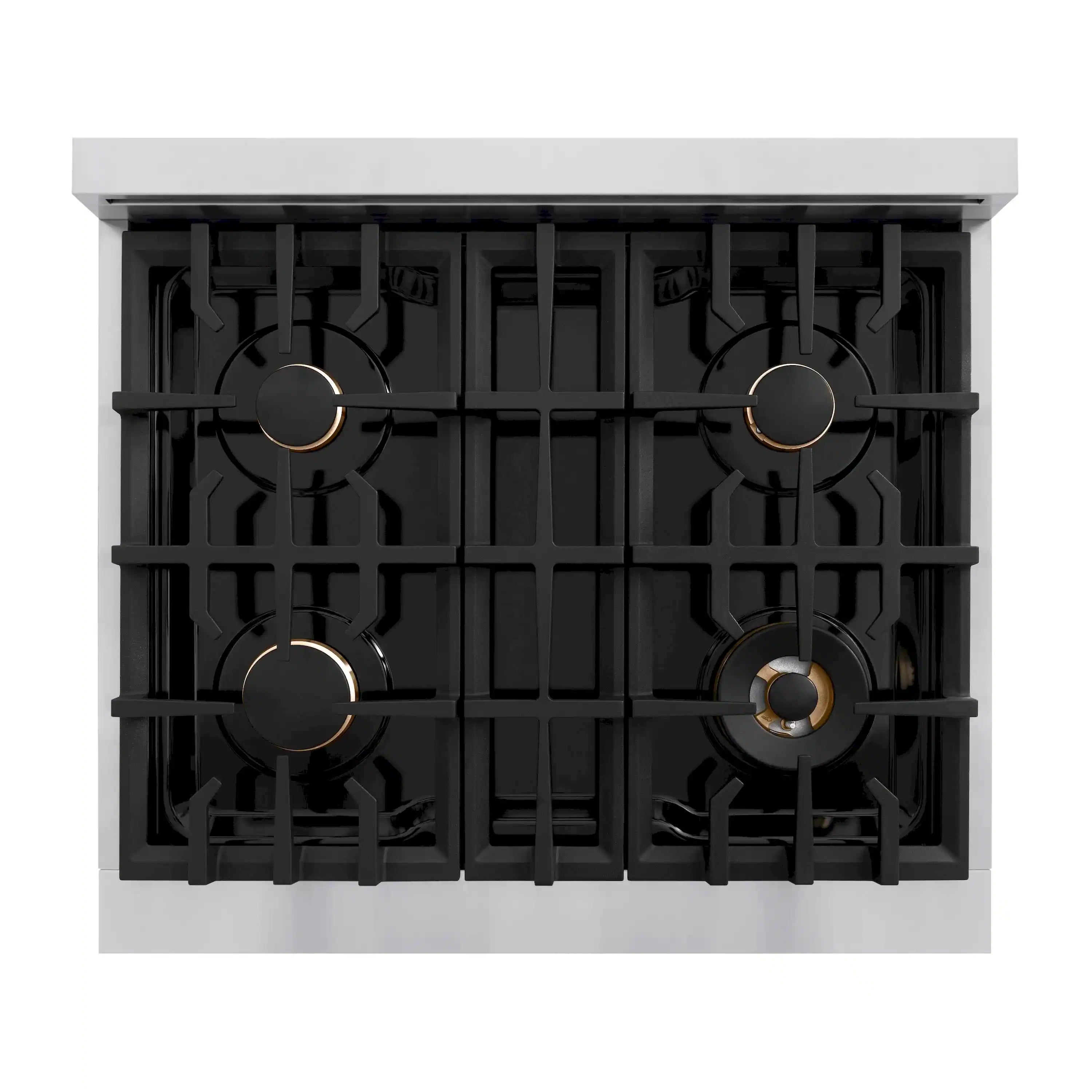 Four-burner cooktop grates with round burner caps and burner ring accents