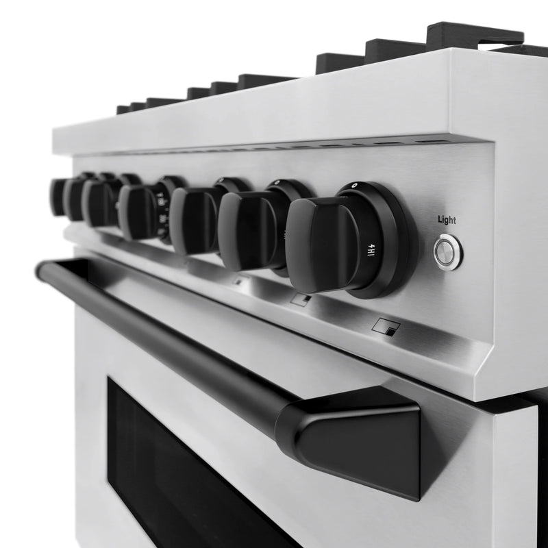 ZLINE 5-Piece Appliance Package - 36-Inch Dual Fuel Range, Hood, Refrigerator with Water Dispenser, Dishwasher, and Microwave Drawer in Stainless Steel with Matte Black Accents