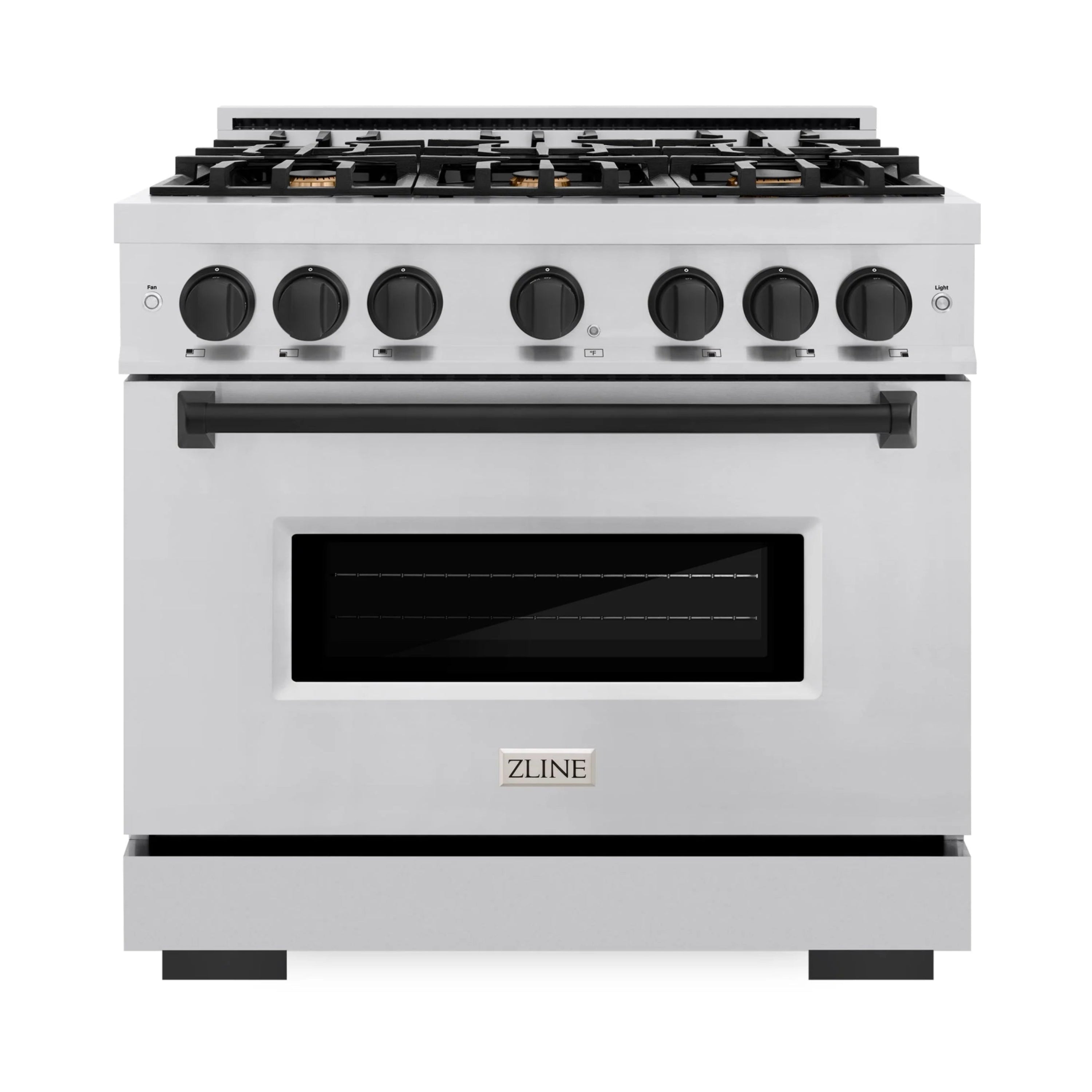 Stainless dual fuel range with glass oven door and matte black cooktop controls
