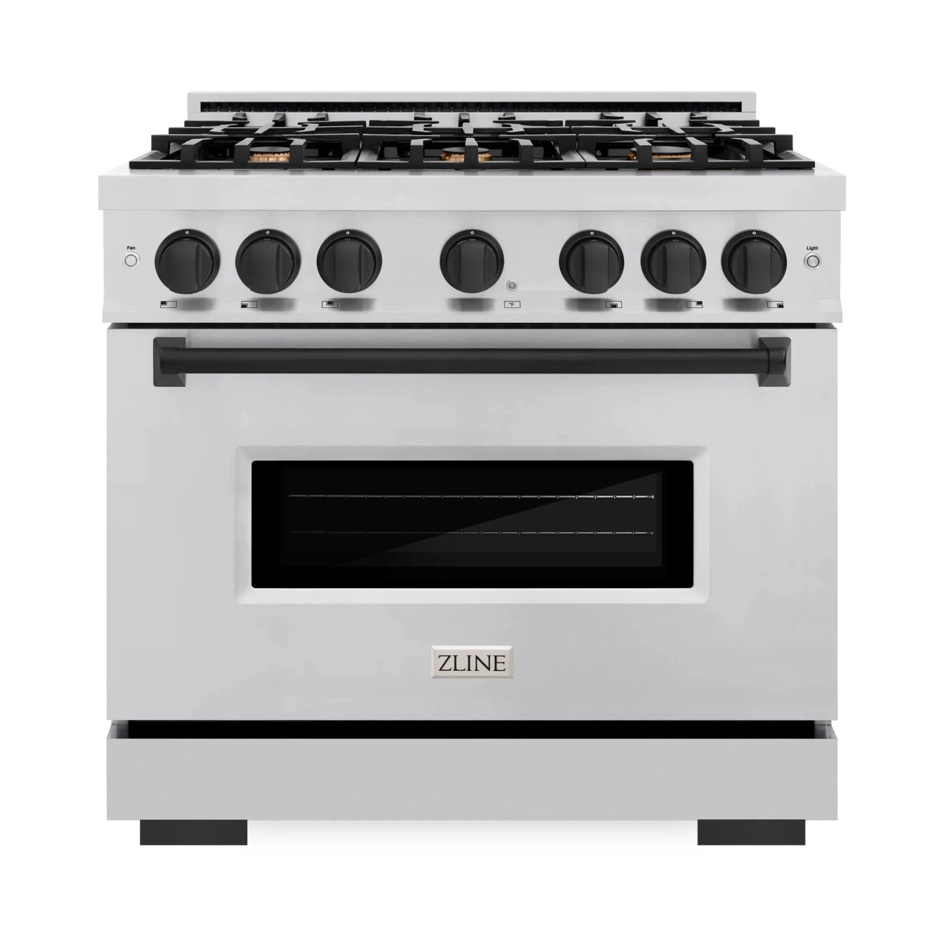 Stainless steel dual-fuel range with black knobs and ZLINE logo on oven door