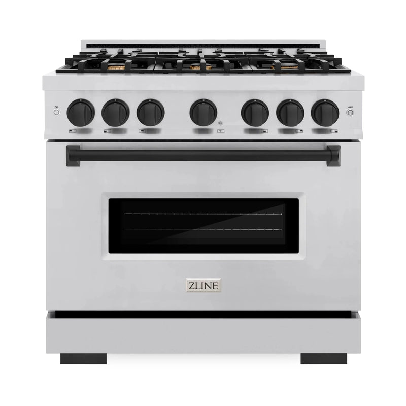 ZLINE 5-Piece Appliance Package - 36-Inch Dual Fuel Range, Hood, Refrigerator with Water Dispenser, Dishwasher, and Microwave Drawer in Stainless Steel with Matte Black Accents