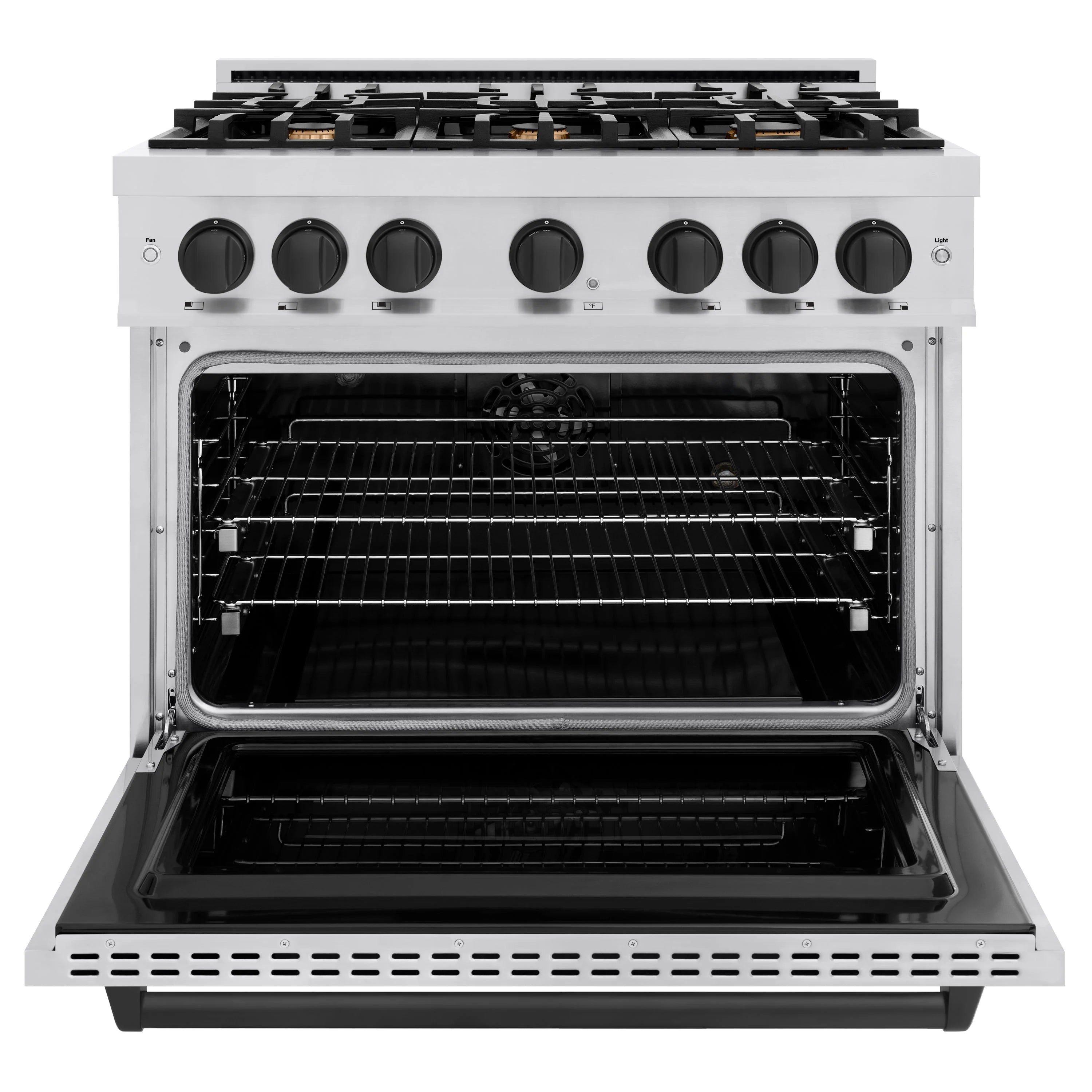 Stainless dual-fuel range with open convection oven, black knobs and 6-burner cooktop