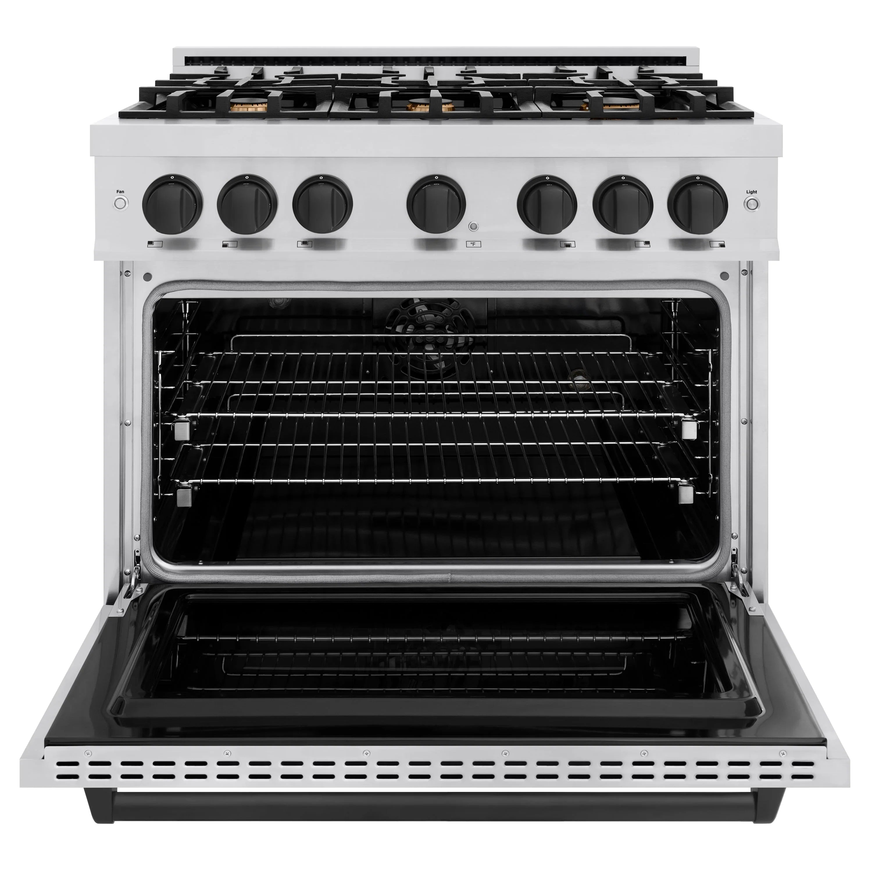 Stainless gas range with oven door open, showing oven racks and burner grates