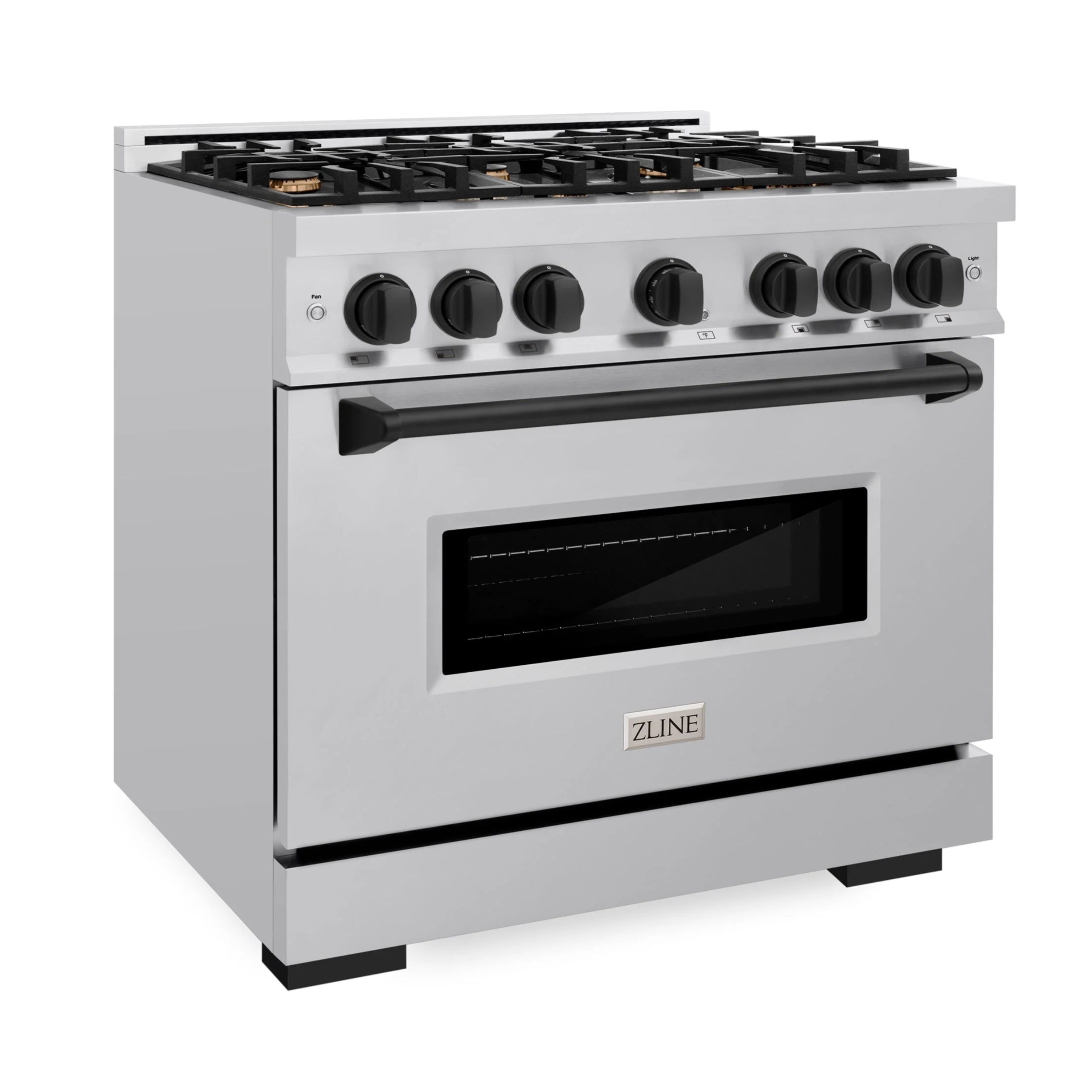 Stainless dual fuel range with matte black control knobs and gas burner cooktop