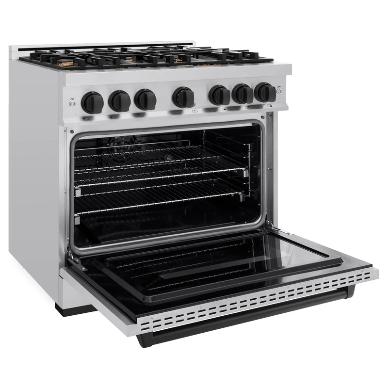ZLINE 5-Piece Appliance Package - 36-Inch Dual Fuel Range, Hood, Refrigerator with Water Dispenser, Dishwasher, and Microwave Drawer in Stainless Steel with Matte Black Accents