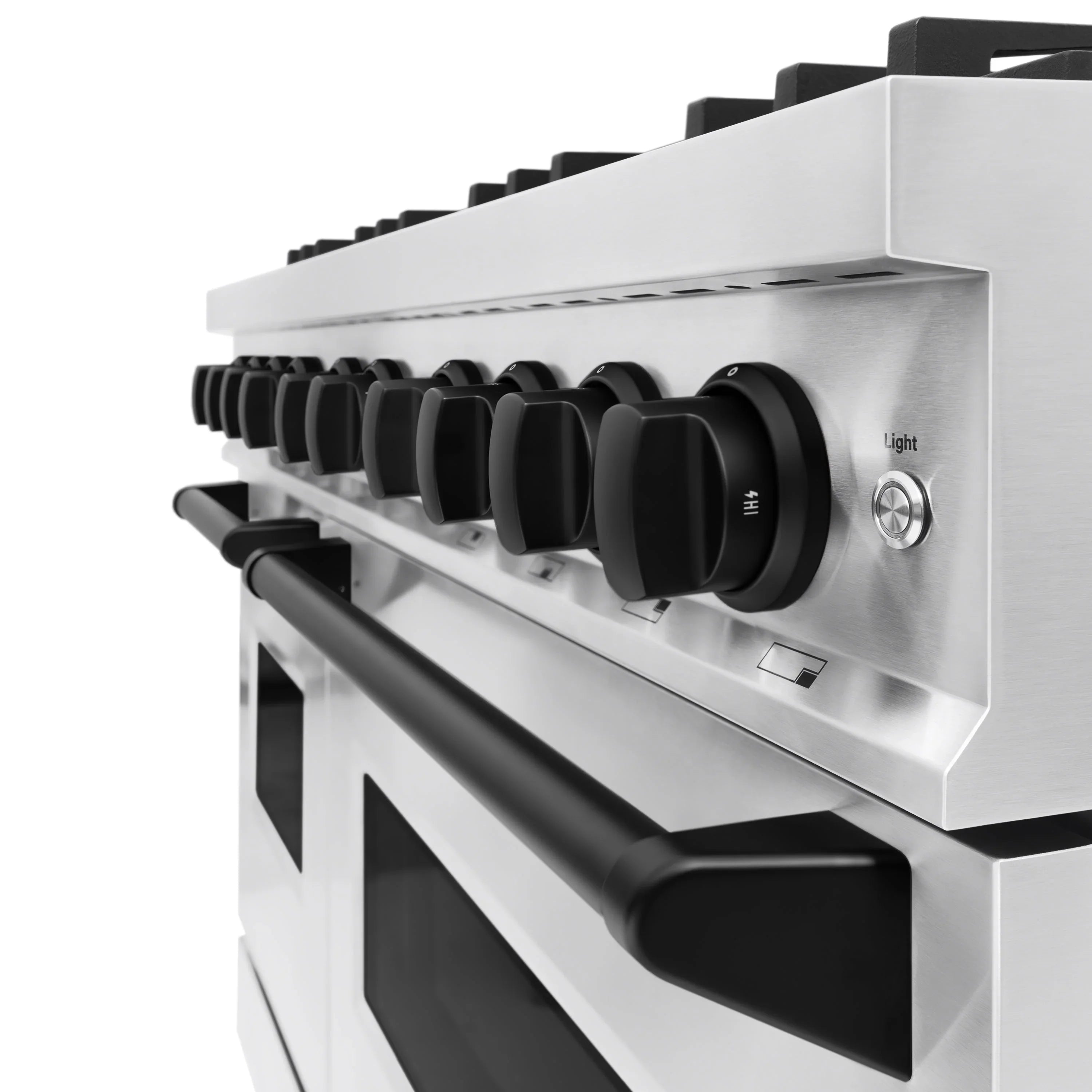 Stainless dual-fuel range with black side oven handle and control knobs