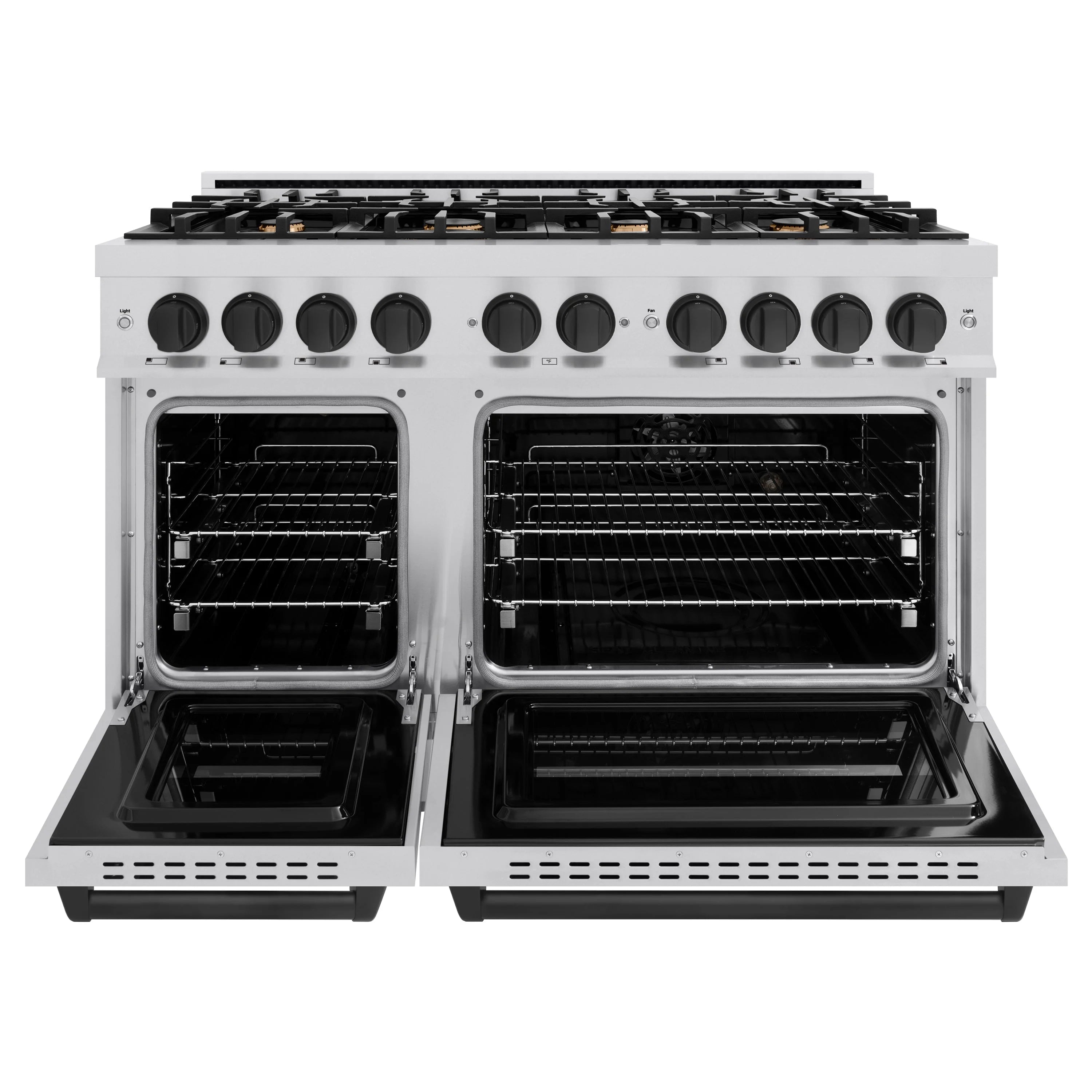 Stainless and matte black dual fuel range with 8 gas burners and two oven doors