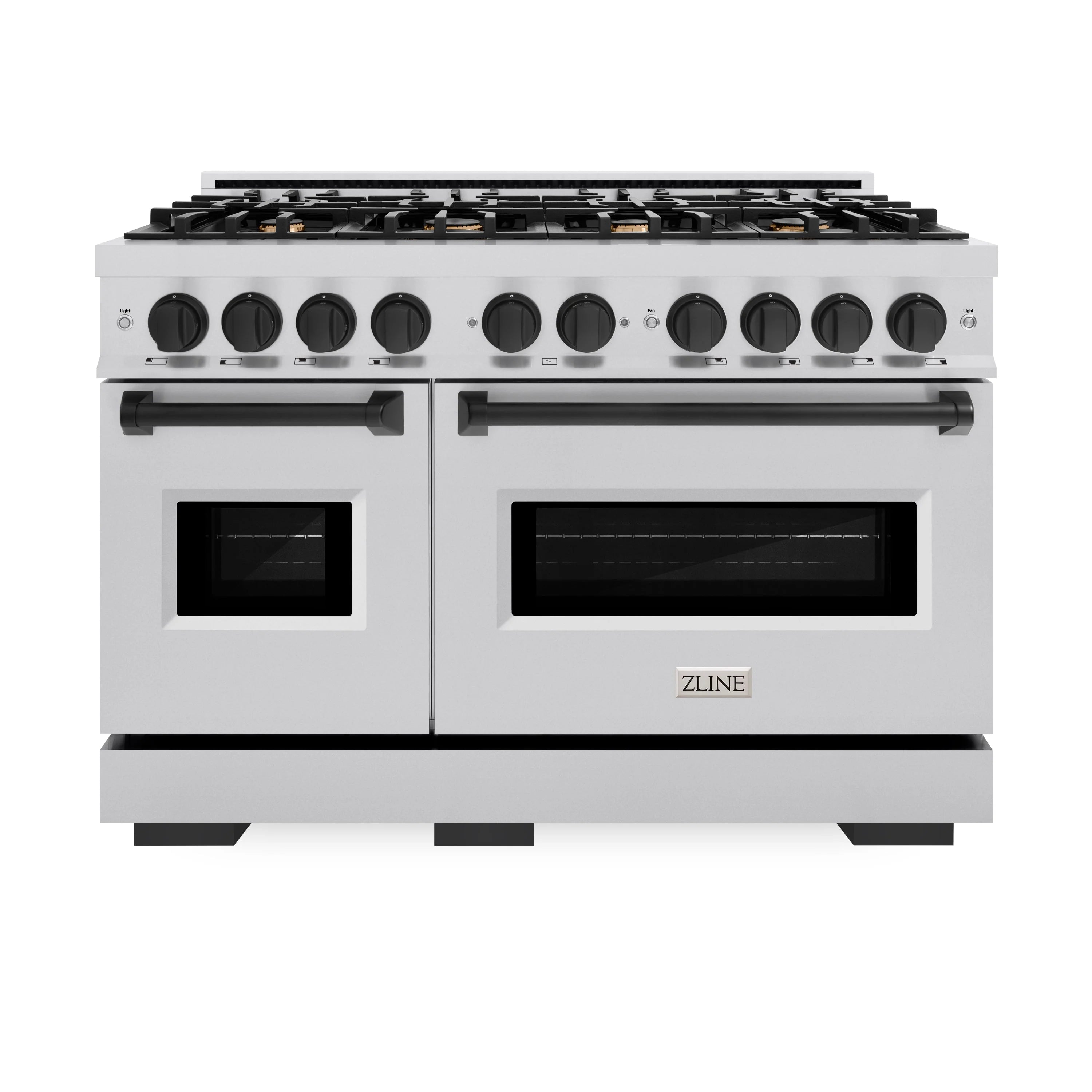 Stainless dual fuel range front with black cooktop grates and two oven windows