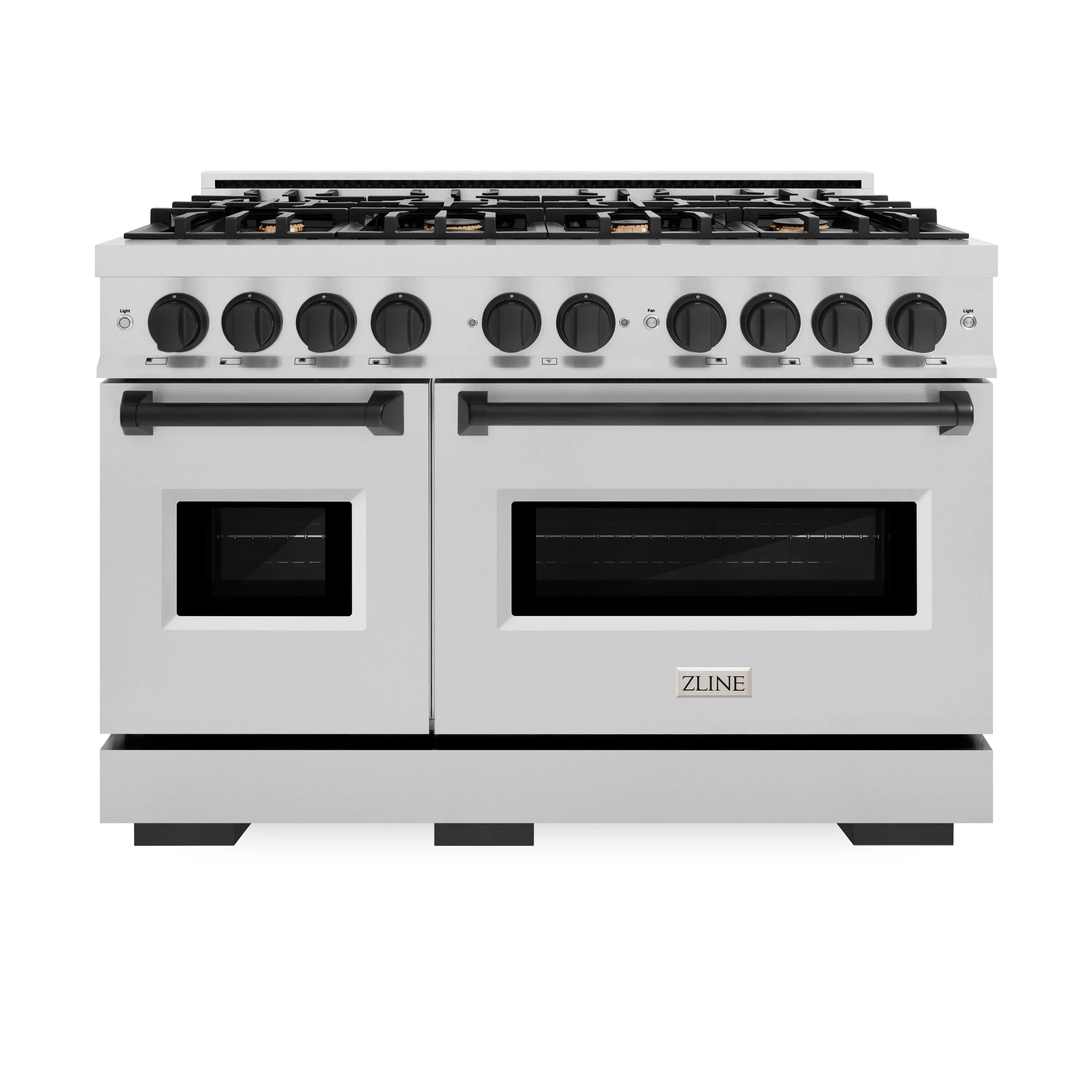 Stainless steel dual fuel range with two glass ovens and black control knobs