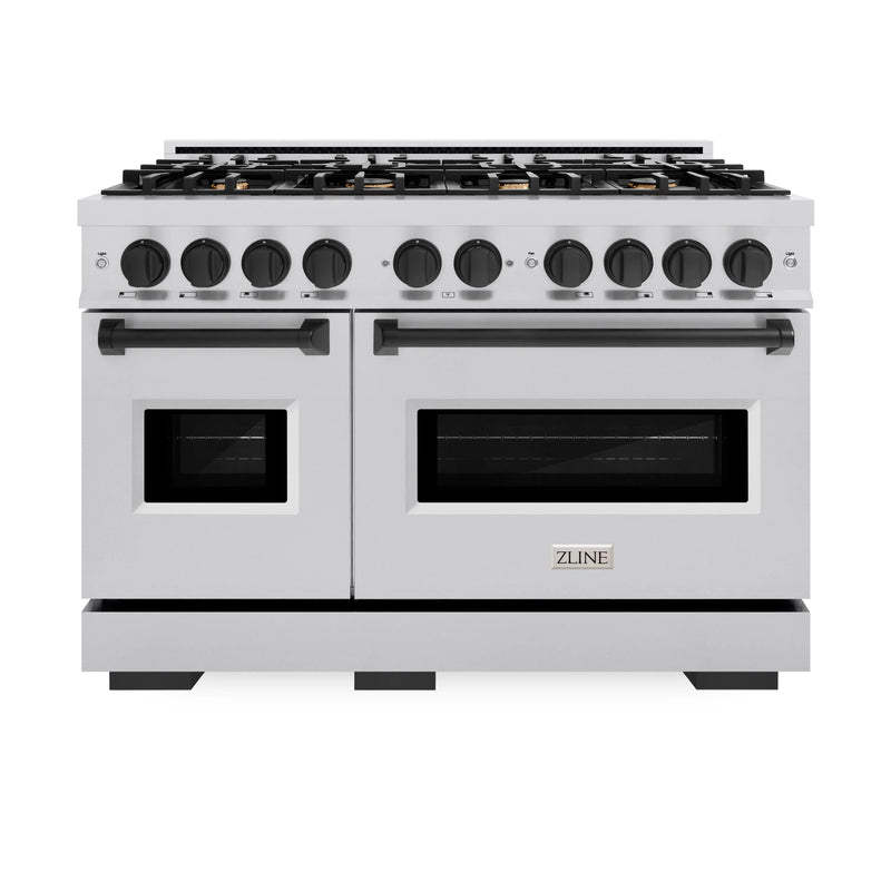 ZLINE 5-Piece Appliance Package - 48-Inch Dual Fuel Range, Hood, Refrigerator, Dishwasher, and Microwave Drawer in Stainless Steel with Matte Black Accents