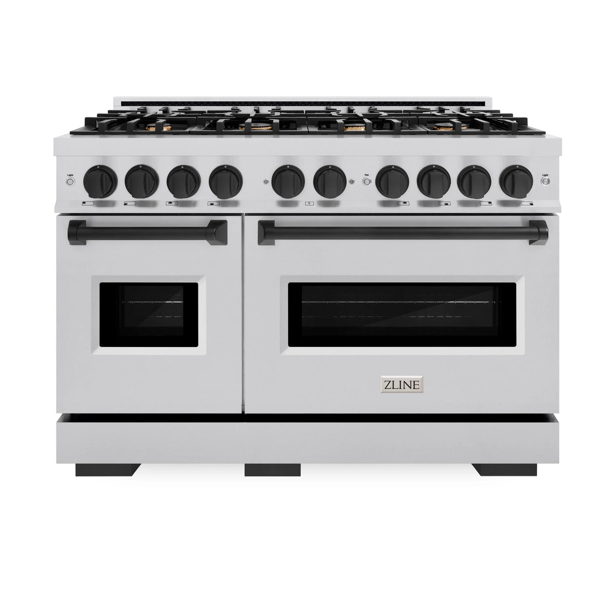 Stainless steel dual fuel range with dual ovens, black control knobs, and grates