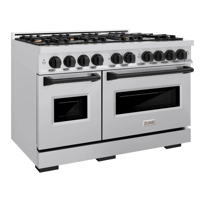 ZLINE 5-Piece Appliance Package - 48-Inch Dual Fuel Range, Hood, Refrigerator, Dishwasher, and Microwave Drawer in Stainless Steel with Matte Black Accents