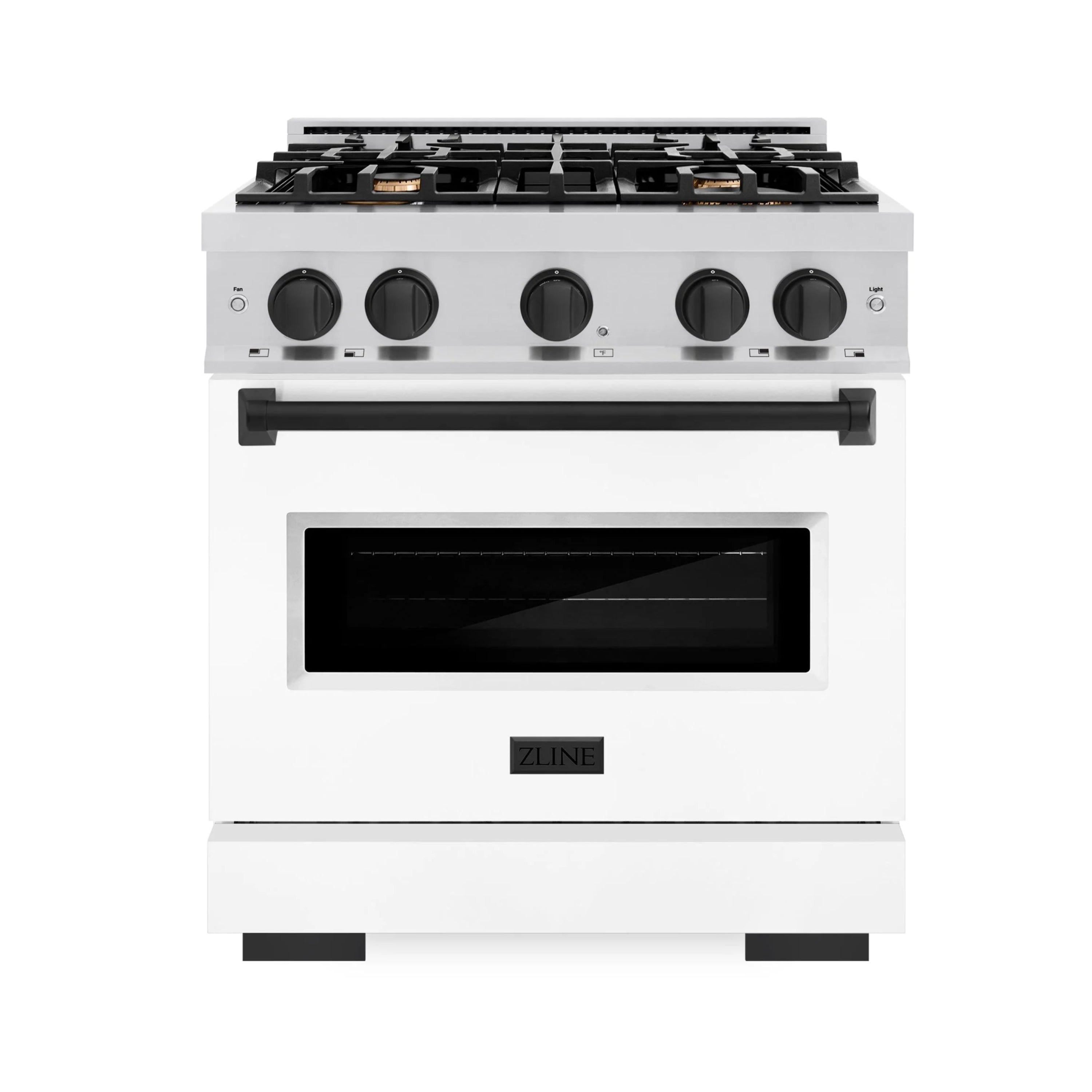 Stainless steel dual fuel range with cooktop burners and dark oven window, front controls