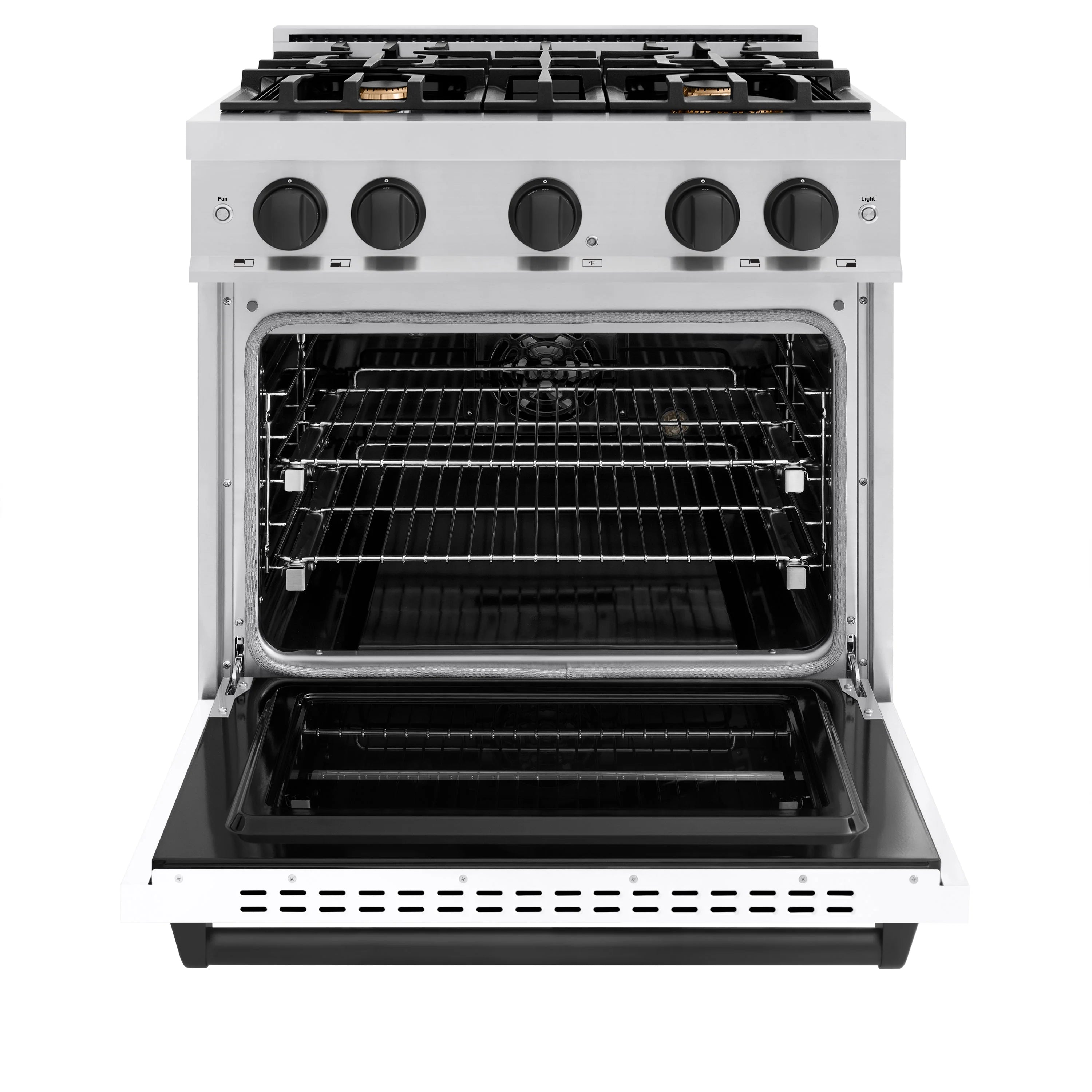 Stainless steel dual fuel range with open electric oven, racks installed, black interior