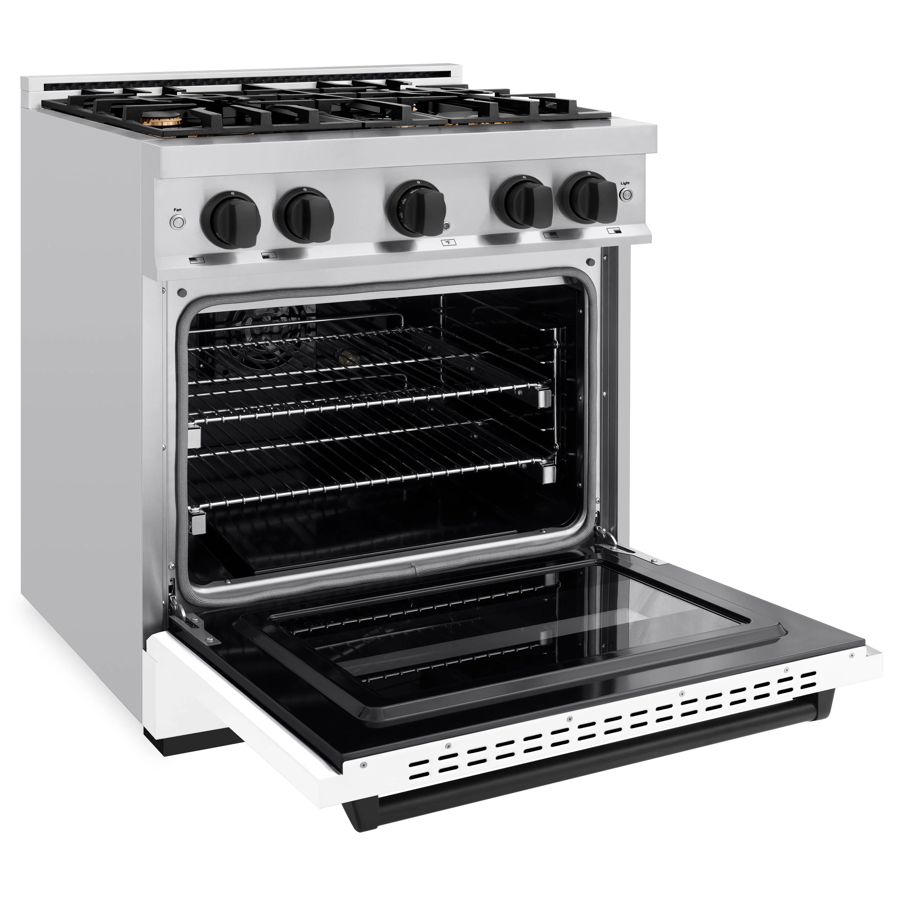 Stainless steel dual fuel range with open oven door and wire racks, black oven cavity