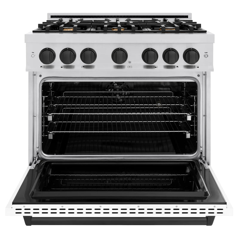 ZLINE Autograph Edition 36-Inch Classic Series Dual Fuel Range with 6 Gas Burner Cooktop and 5.2 Cu. Ft. Electric Convection Oven in Stainless Steel with White Matte Door and Matte Black Accents (CDRZ-WM-36-MB)