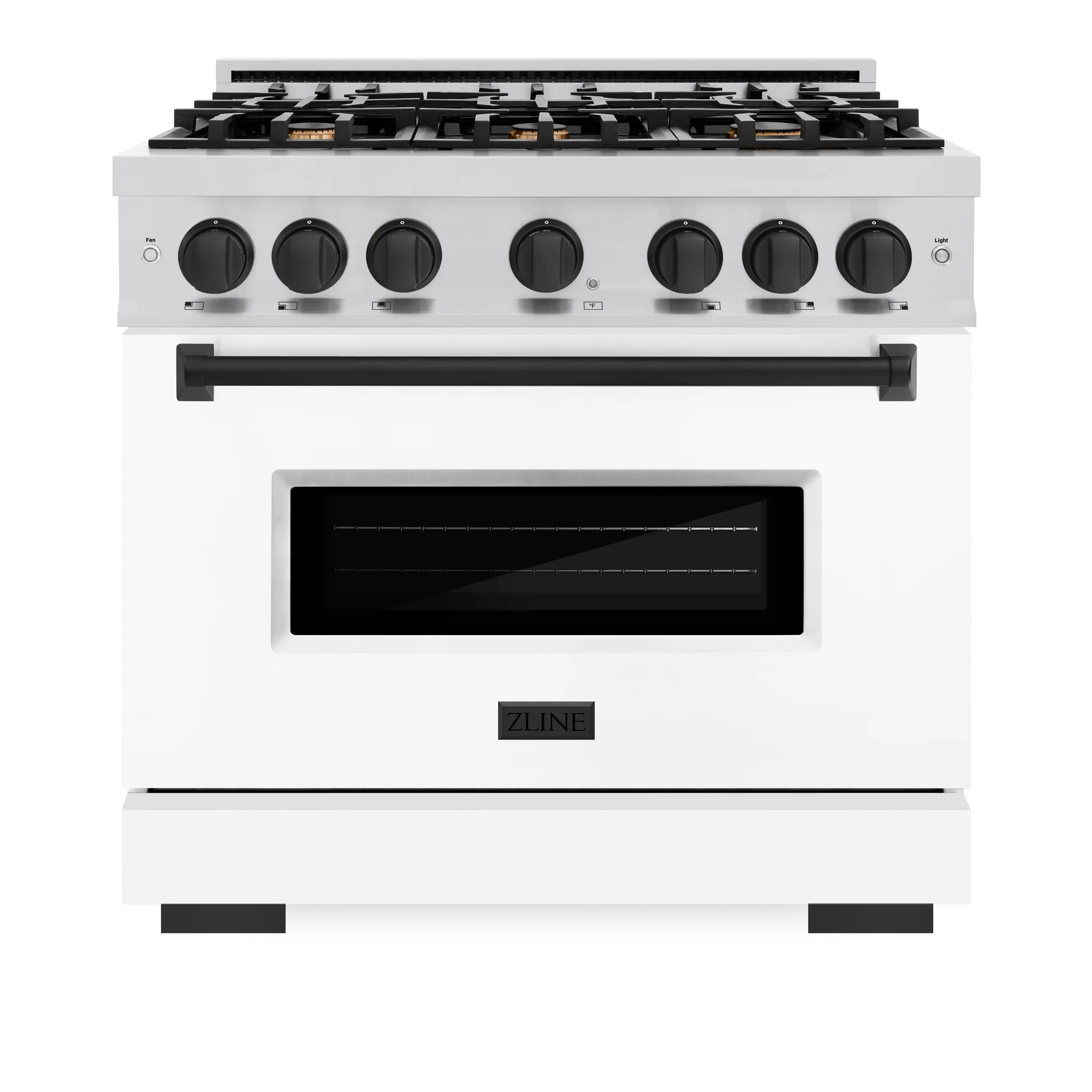 Stainless dual-fuel range front with white matte door and black control knobs