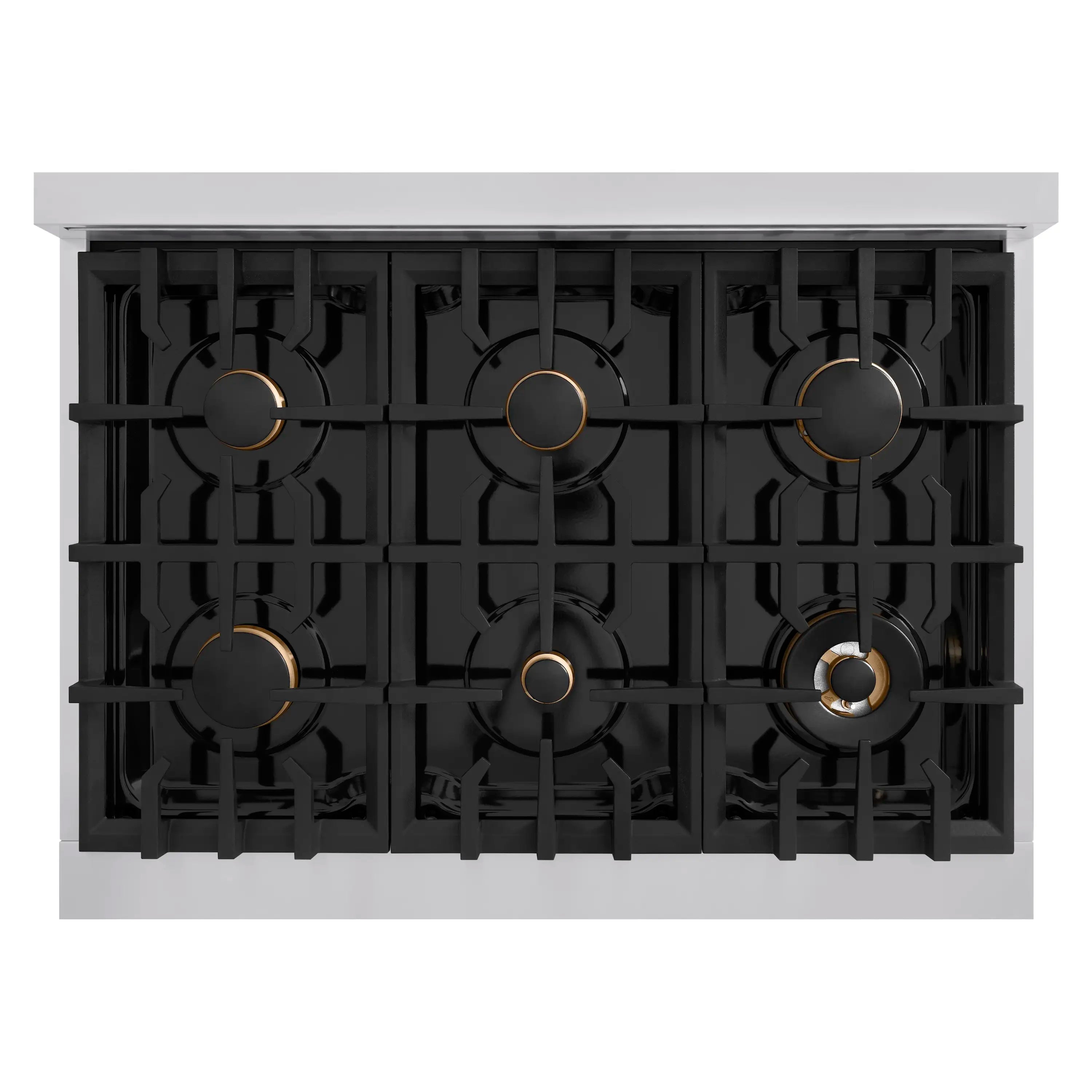 Black gas cooktop with six burners and gold-accented burner rings