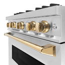 ZLINE 5-Piece Appliance Package - 30-Inch Dual Fuel Range, Hood, Refrigerator with Water Dispenser, Dishwasher, and Microwave Drawer in Stainless Steel with Gold Accents