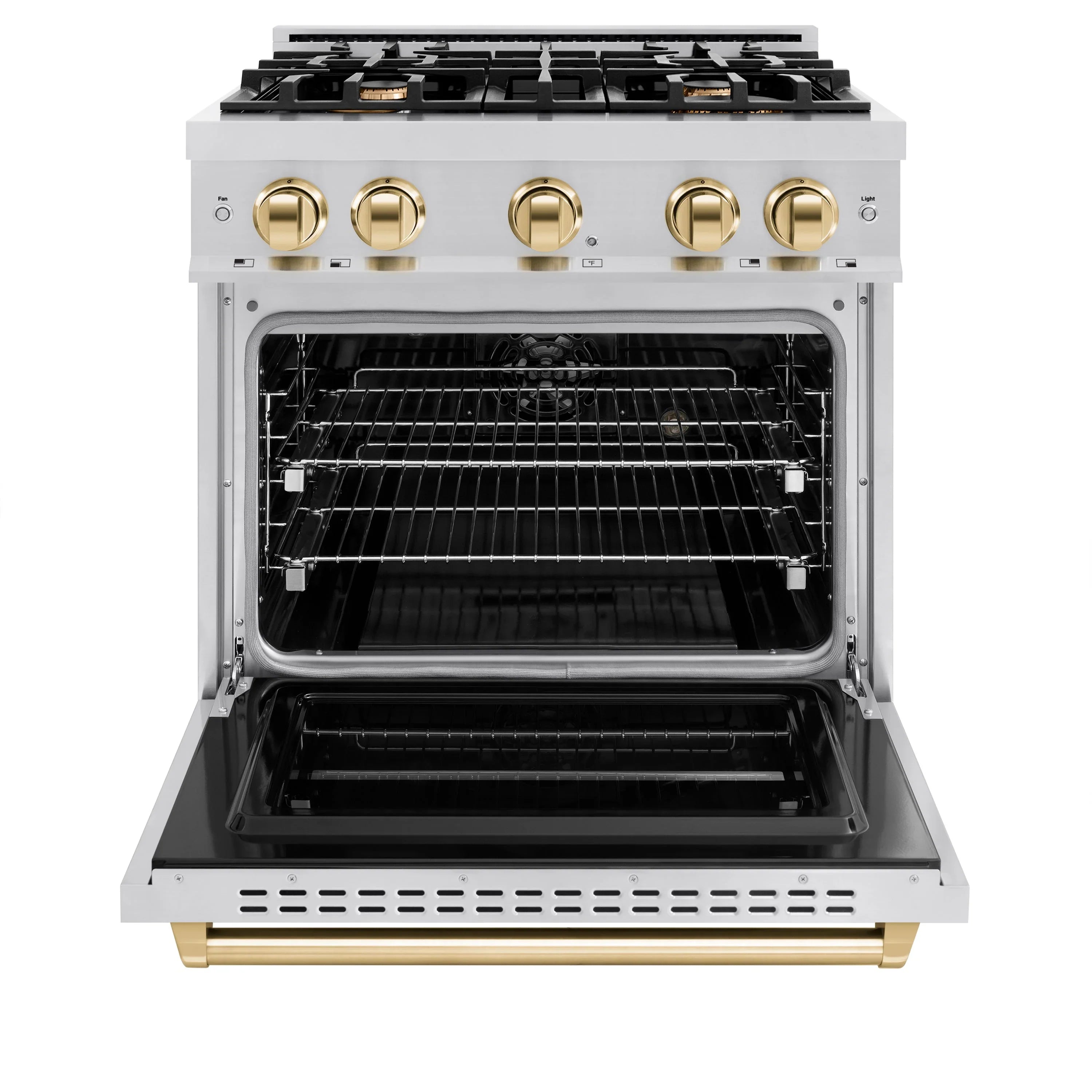 Stainless steel dual fuel range with open oven door and wire racks