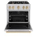 ZLINE 5-Piece Appliance Package - 30-Inch Autograph Edition Dual Fuel Range, Wall Mount Range Hood, 36-Inch French Door Refrigerator with Water Dispenser, Dishwasher, and 30-Inch Microwave Drawer in Stainless Steel with Gold Accents