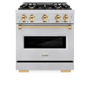ZLINE 5-Piece Appliance Package - 30-Inch Dual Fuel Range, Hood, Refrigerator with Water Dispenser, Dishwasher, and Microwave Drawer in Stainless Steel with Gold Accents