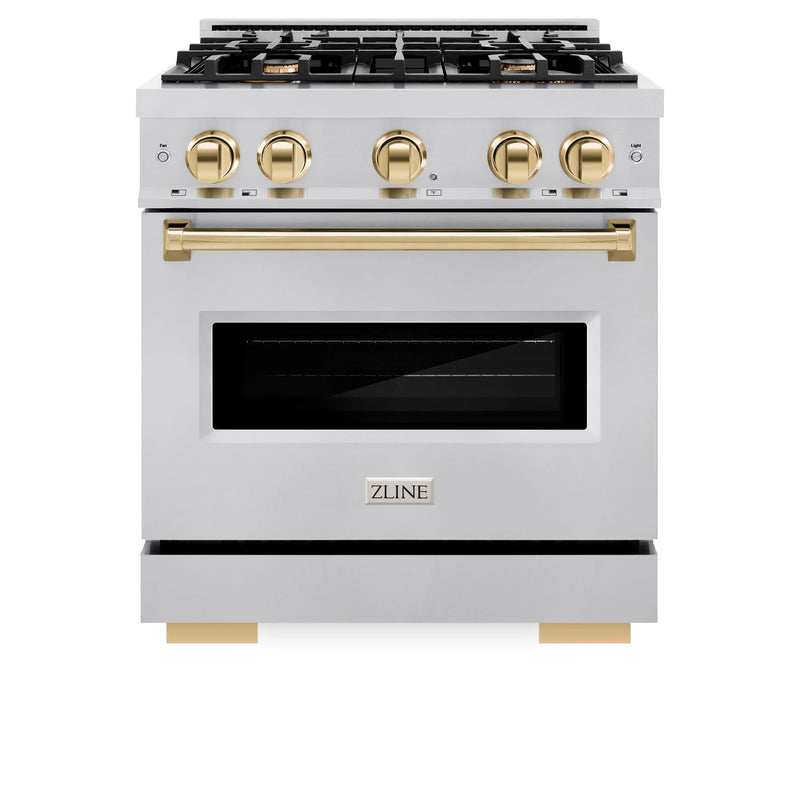 ZLINE 5-Piece Appliance Package - 30-Inch Dual Fuel Range, Hood, Refrigerator with Water Dispenser, Dishwasher, and Microwave Drawer in Stainless Steel with Gold Accents