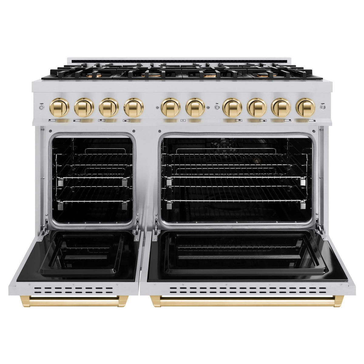 Stainless steel dual fuel range with two open oven doors and gold trim, front view.