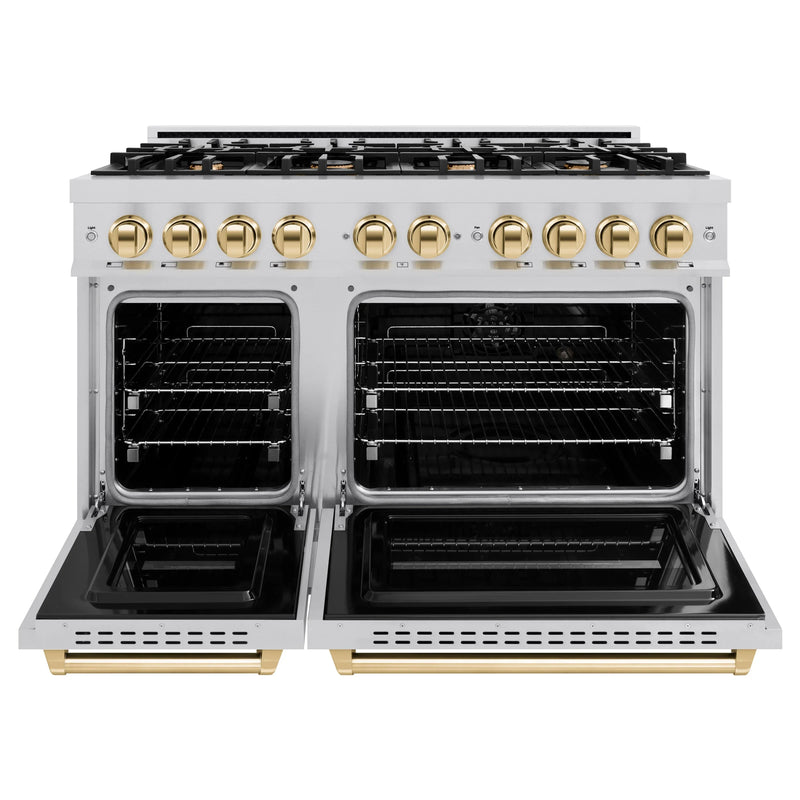 ZLINE 4-Piece Appliance Package - 48-Inch Dual Fuel Range, Hood, Refrigerator with Water Dispenser, and Dishwasher in Stainless Steel with Gold Accents