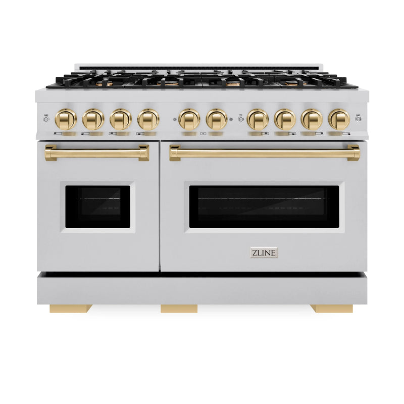 ZLINE 4-Piece Appliance Package - 48-Inch Dual Fuel Range, Hood, Refrigerator with Water Dispenser, and Dishwasher in Stainless Steel with Gold Accents