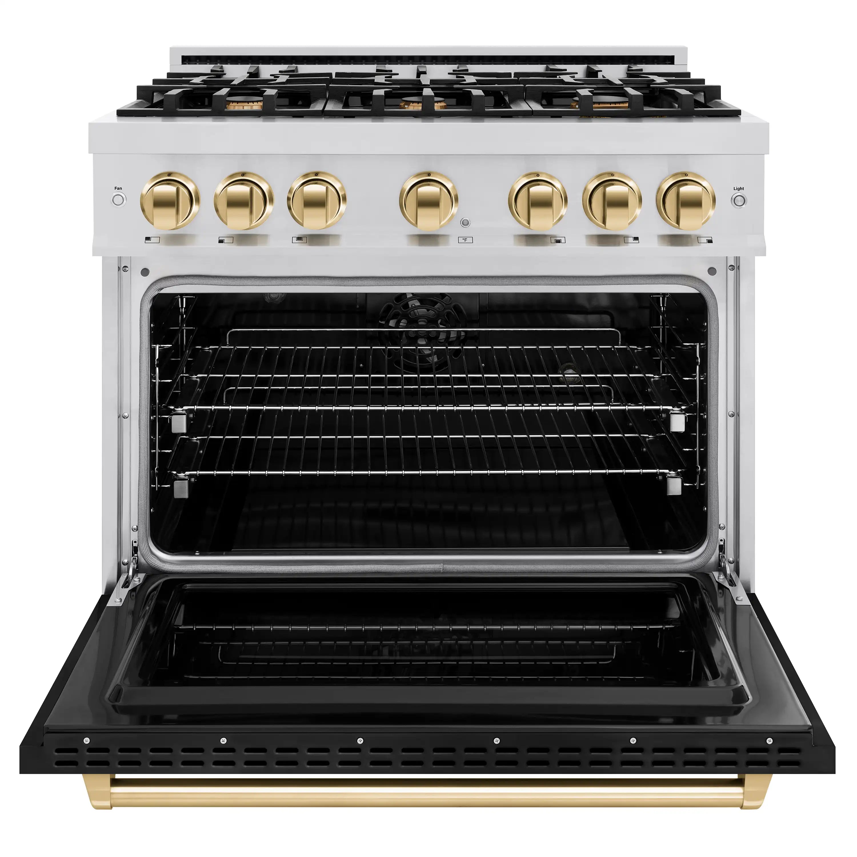 Open stainless dual fuel range oven with convection racks and black interior base tray