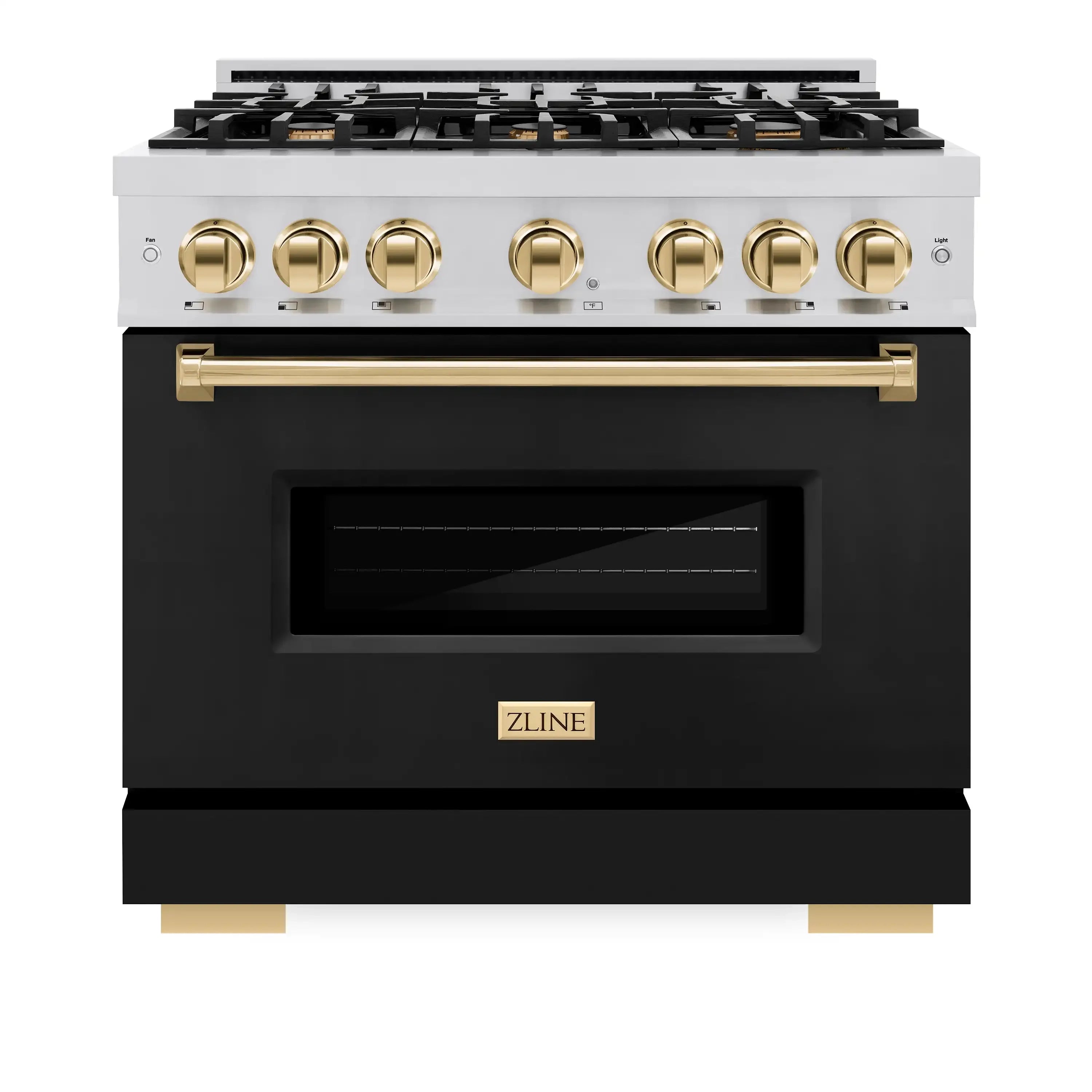Stainless steel dual fuel range with black matte oven door and polished gold control knobs